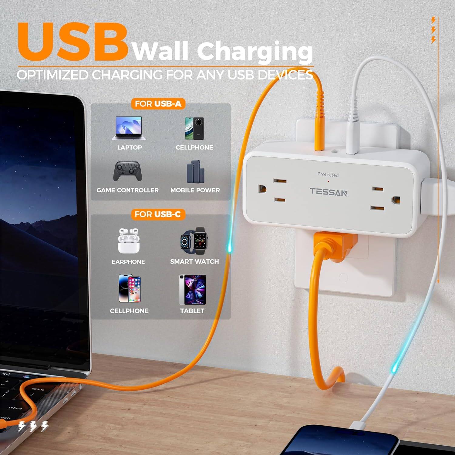 USB Wall Charging  
OPTIMIZED CHARGING FOR ANY USB DEVICES  

FOR USB-A  
- LAPTOP  
- CELLPHONE  
- GAME CONTROLLER  
- MOBILE POWER  

FOR USB-C  
- EARPHONE  
- SMART WATCH  
- CELLPHONE  
- TABLET  

Protected  
TESSAN