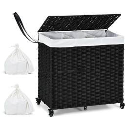 Hivvago - 3 Bin Linen Lined on Wheels PR Rattan Laundry Hamper - Black