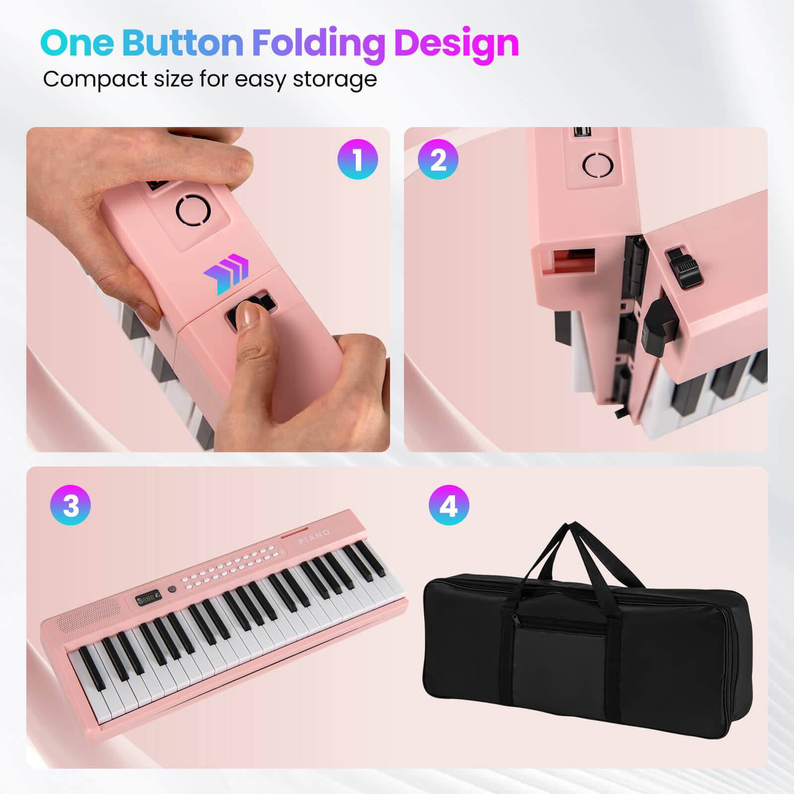 One Button Folding Design  
Compact size for easy storage  

1.  
2.  
3. PIANO  
4. SoRie