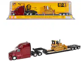 Diecast Masters - Peterbilt 579 UltraLoft Tandem Tractor Red Metallic with Lowboy Trailer and CAT D5M Dozer Yellow 1/87 (HO) Diecast - Yellow