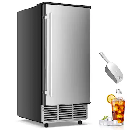 Front. HOOURE - 15 in. 80 lbs./24h Half Size Cube Freestanding/Built-In Ice Maker Machine in Stainless Steel With 25lbs. Ice Storage Bin - Stainless steel.