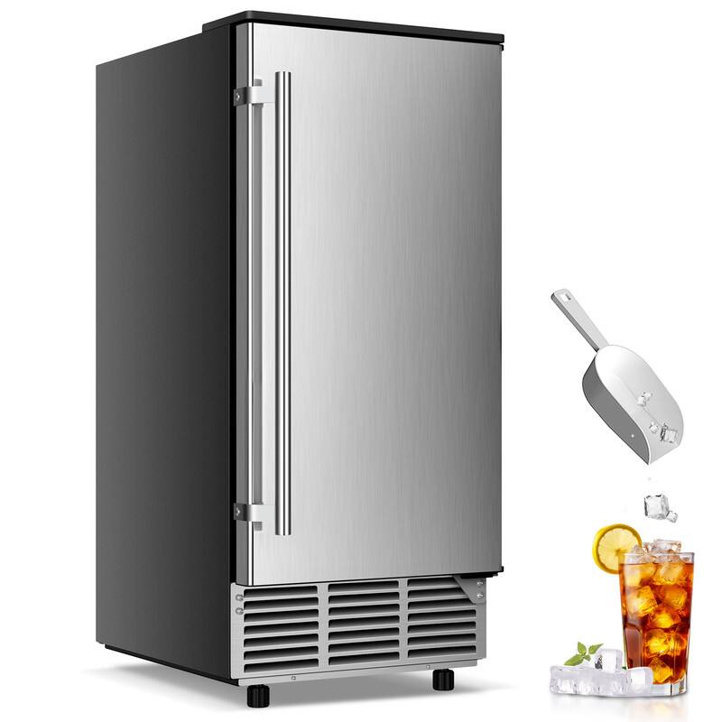 Front. HOOURE - 15 in. 80 lbs./24h Half Size Cube Freestanding/Built-In Ice Maker Machine in Stainless Steel With 25lbs. Ice Storage Bin - Stainless steel.