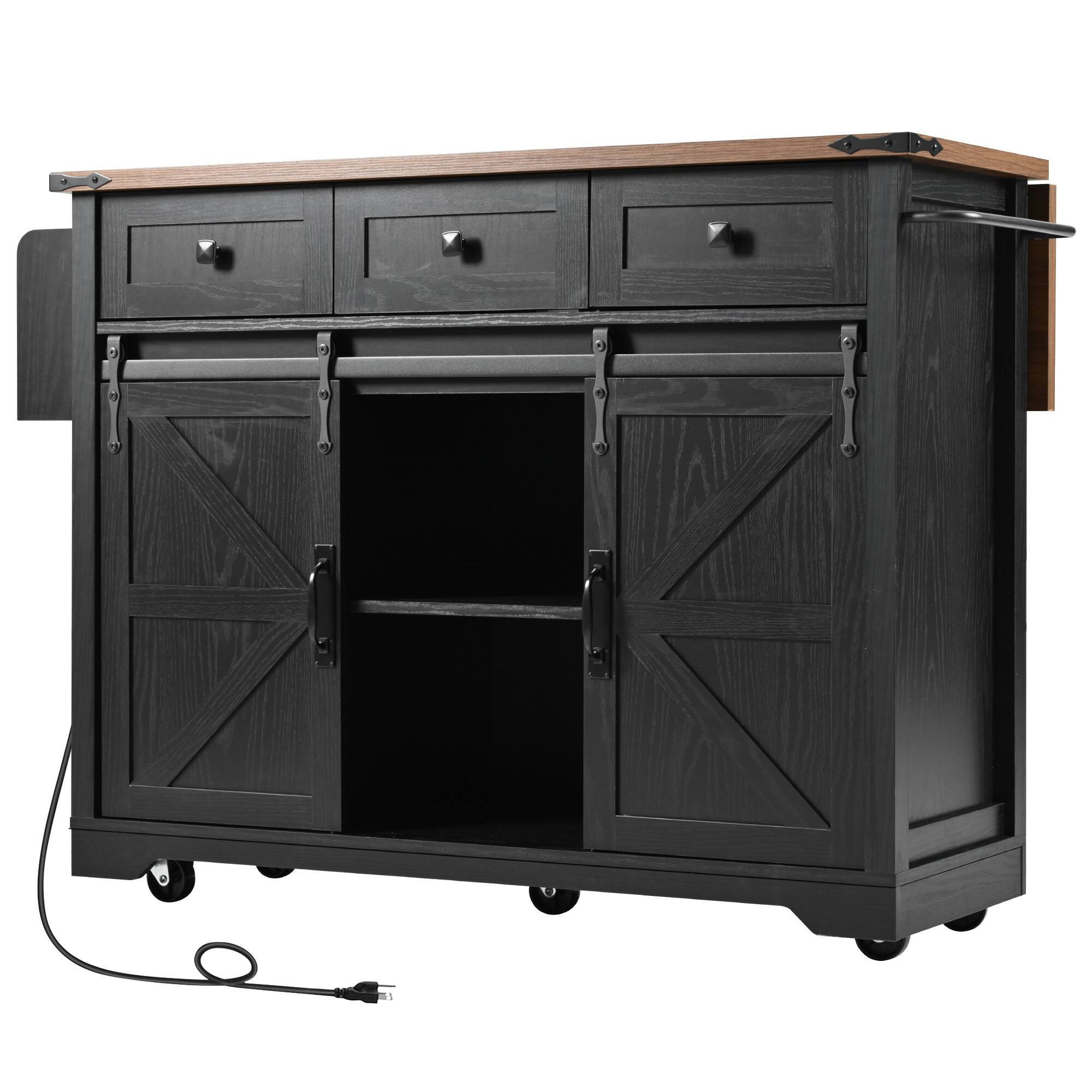 Back. Spaco - Spaco 53.7" Farmhouse Kitchen Island Cart with Power Outlet, 2 Sliding Barn Doors, Drop Leaf and Spice Rack - Black.