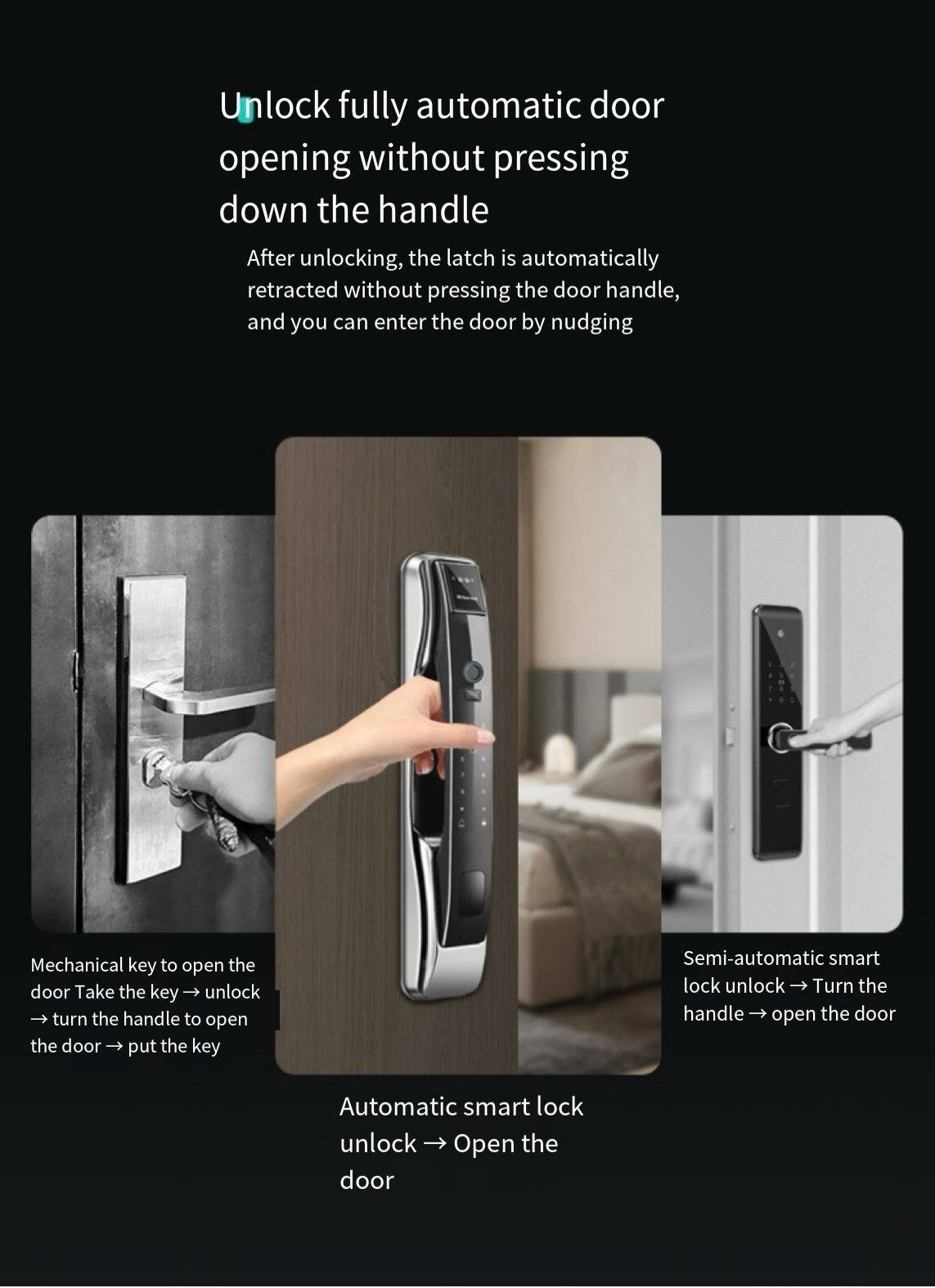 Unlock fully automatic door opening without pressing down the handle

After unlocking, the latch is automatically retracted without pressing the door handle, and you can enter the door by nudging

Mechanical key to open the door:
- Take the key
- Unlock
- Turn the handle to open the door
- Put the key

Semi-automatic smart lock unlock:
- Turn the handle
- Open the door

Automatic smart lock unlock:
- Open the door