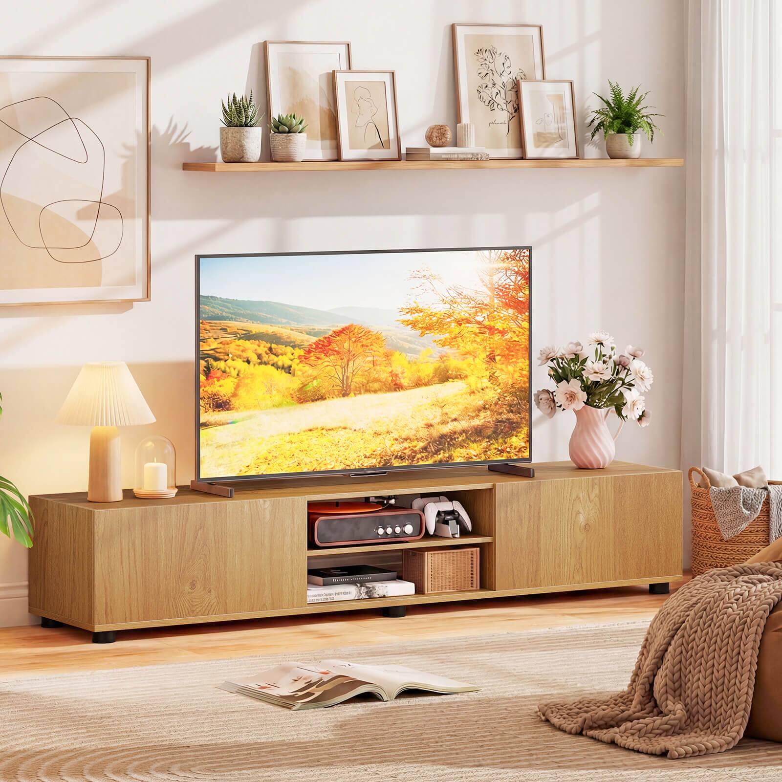 Alt View 1. Costway - Costway TV Stand for up to 70" TVs, Media Console Table with Double Doors & Open Shelves - Natural.