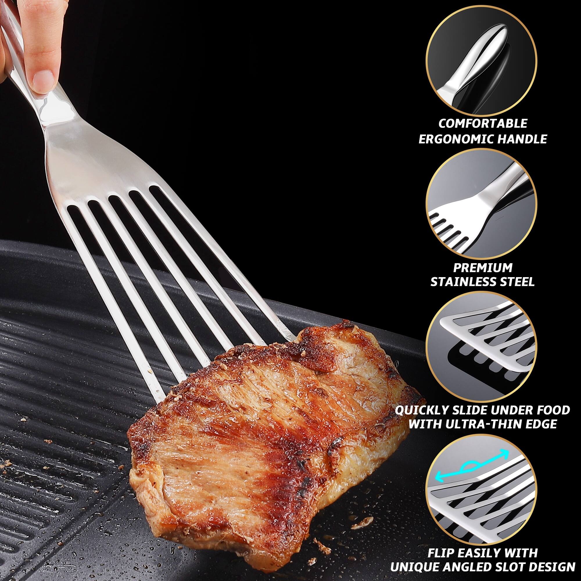 Left. Gourmet Easy - Stainless Steel Fish Spatula Set – 1 Large + 1 Small Metal Spatula for Kitchen - Stainless Steel.