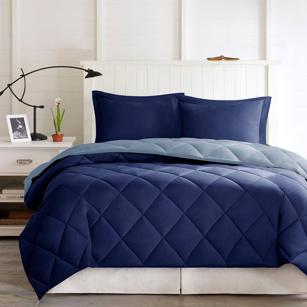 Alt View 2. Aukfa - Full/Queen Diamond Quilting Reversible Down Alternative Comforter Set - Blue.