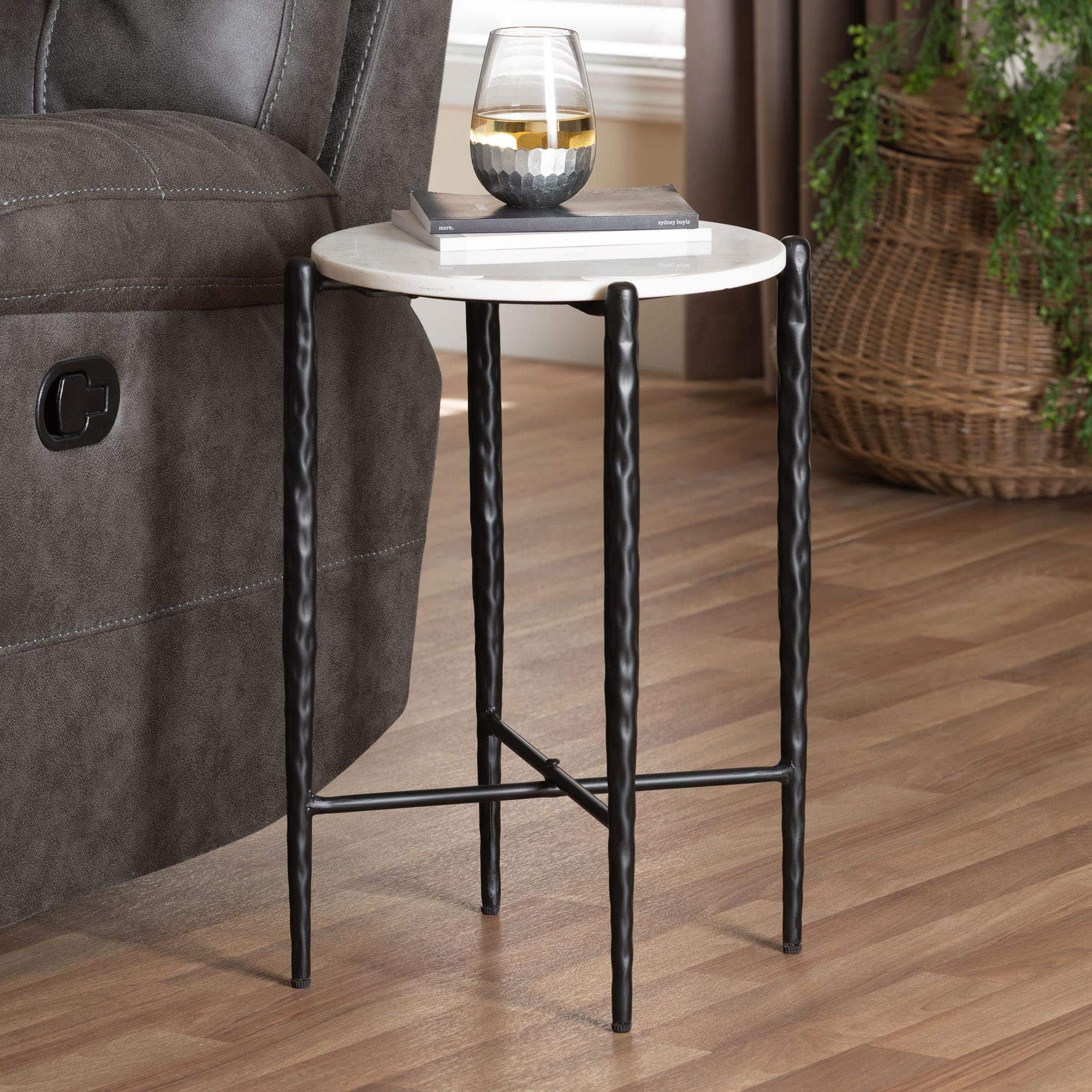 Alt View 2. Baxton Studio - Caledon Marble Side Table - Modern Rustic Accent Table with Hand-Forged Metal Frame, Round - Marble White/Black.