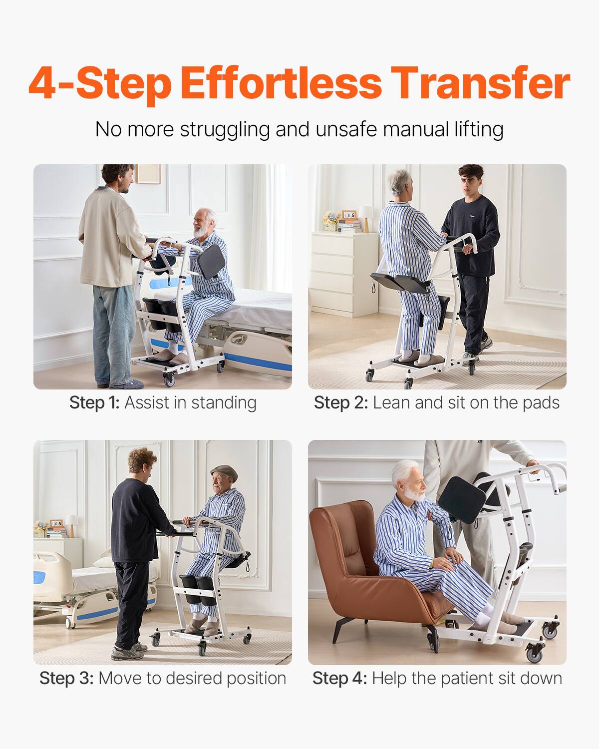 4-Step Effortless Transfer  
No more struggling and unsafe manual lifting  

Step 1: Assist in standing  
Step 2: Lean and sit on the pads  
Step 3: Move to desired position  
Step 4: Help the patient sit down