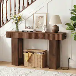 Aheaplus - 47'' Fluted Console Table with 2 Drawers, Narrow Entryway Table with Charging Station for Entryway, Foyer - Cracked Oak