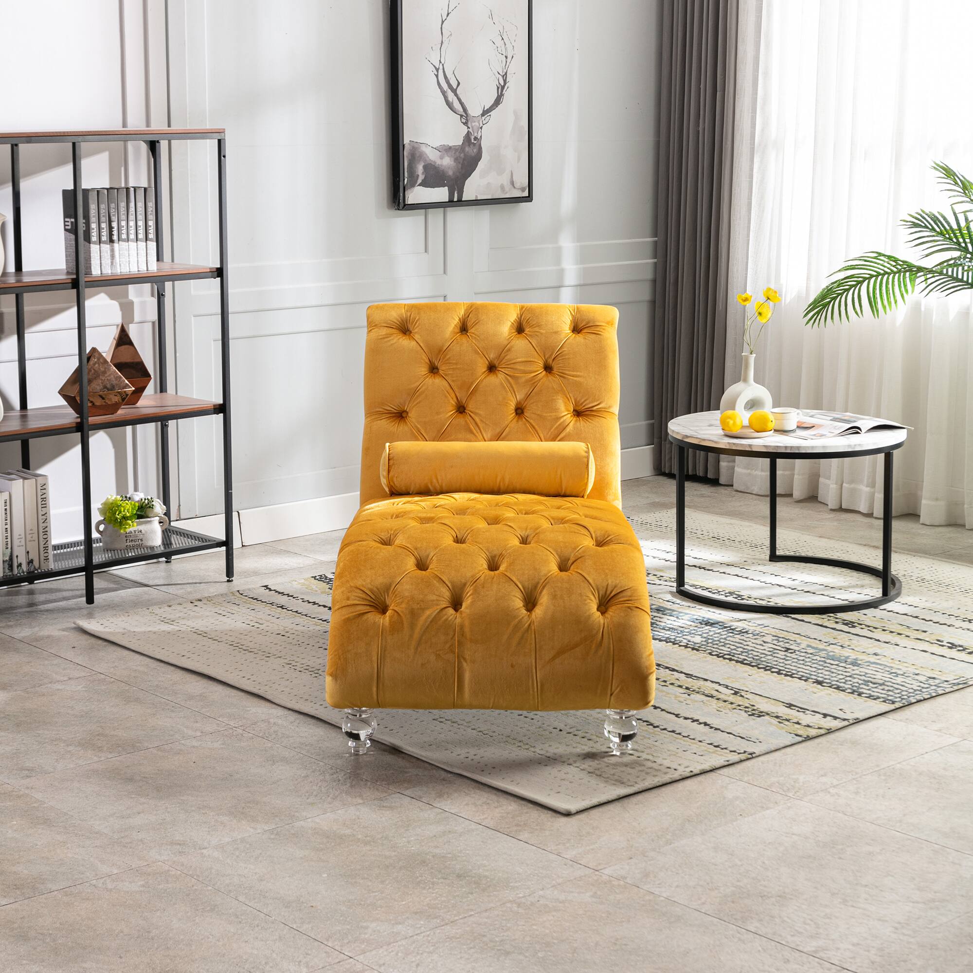 Angle. Trinkets Crazed - Velvet Indoor Chaise Lounge Chair with Toss Pillow, Upholstered Modern Tufted Button Lounge Chair with Acrylic Legs - Mustard.