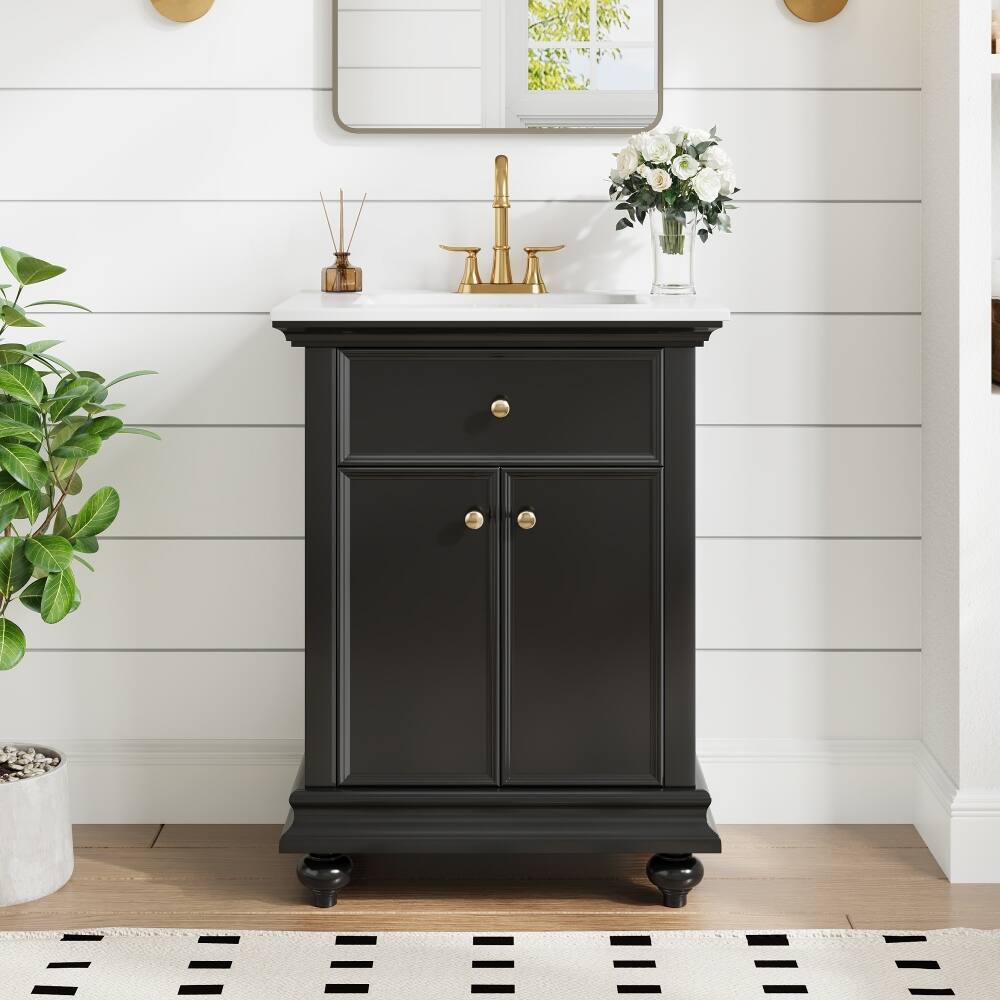 Front. Loheer - Loheer 24 inch black bathroom vanity with Ceramic Sink, Modern Bathroom Vanity with Tip-Out Drawer & Soft Close Hinges - Black.