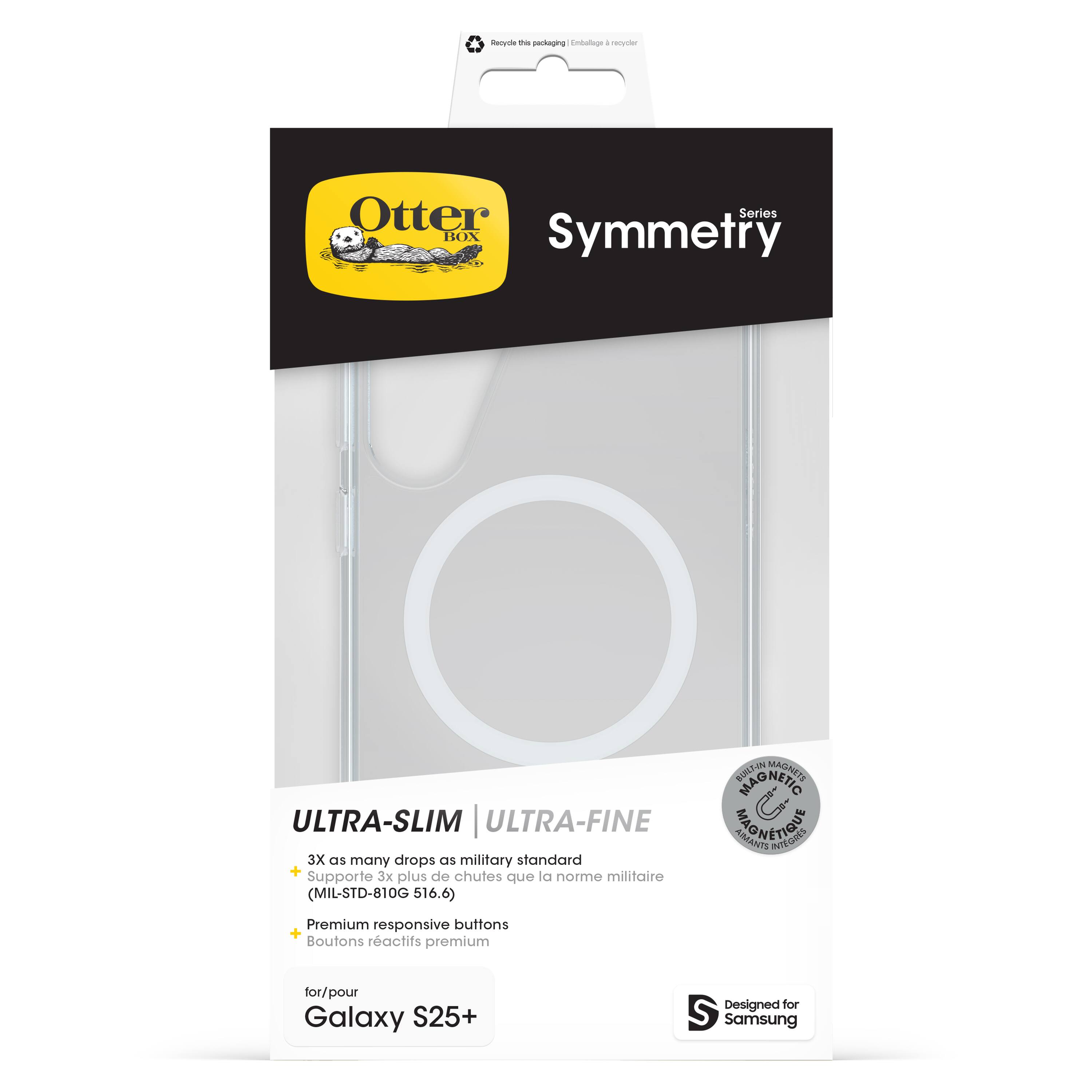 The OtterBox Symmetry Ultra-Slim Ultra-Fine case for the Galaxy S25+ is designed to protect the device from drops and impacts while maintaining a slim profile. The case is made of high-quality materials and features a sleek, modern design. It also supports the Galaxy S25+ and is compatible with the Samsung device. The case is available in a black color and is designed to provide a snug fit for the device.