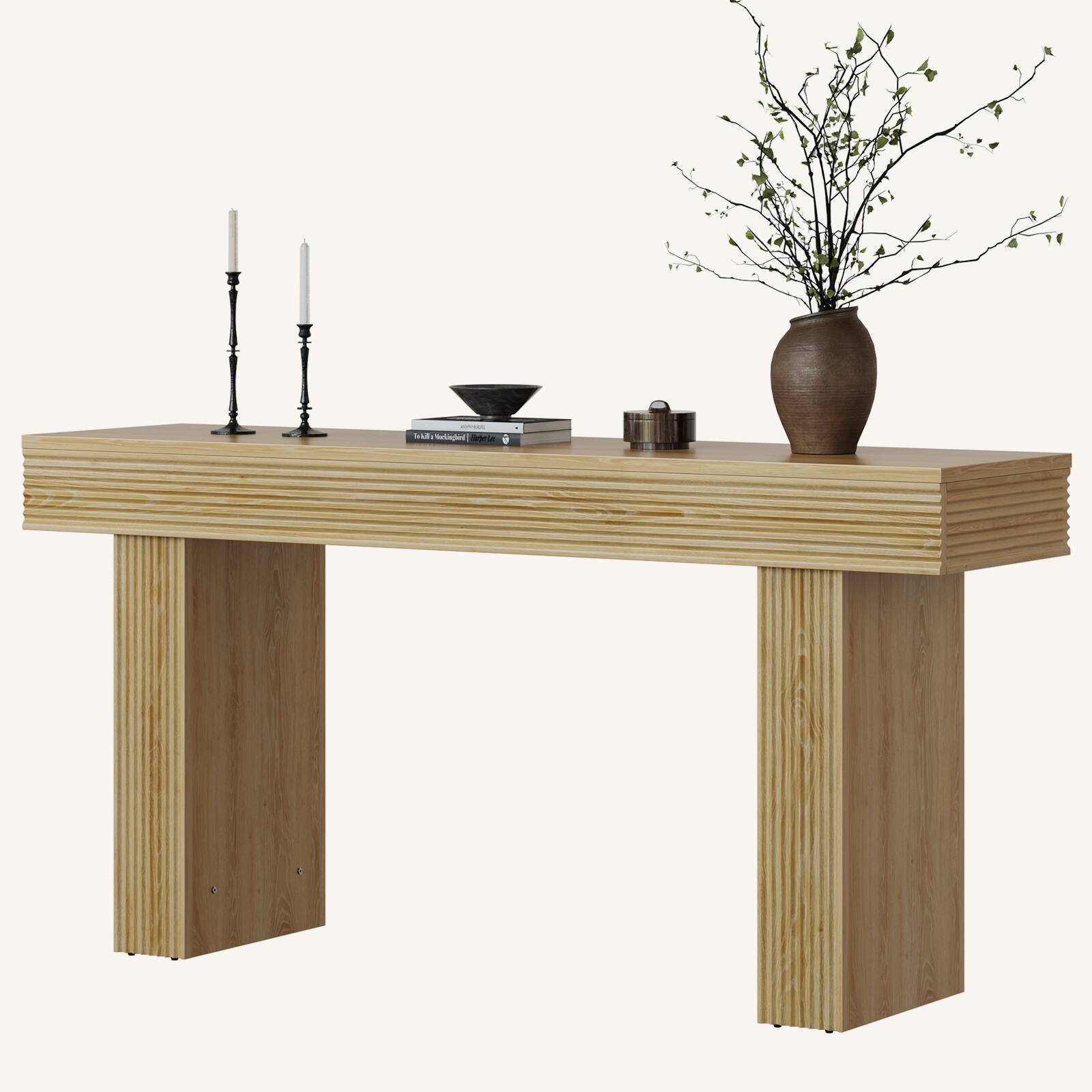 Back. Bestier - 63 Inch Fluted Console Table, Rustic Wood Entryway Sofa Table - Natual Oak.