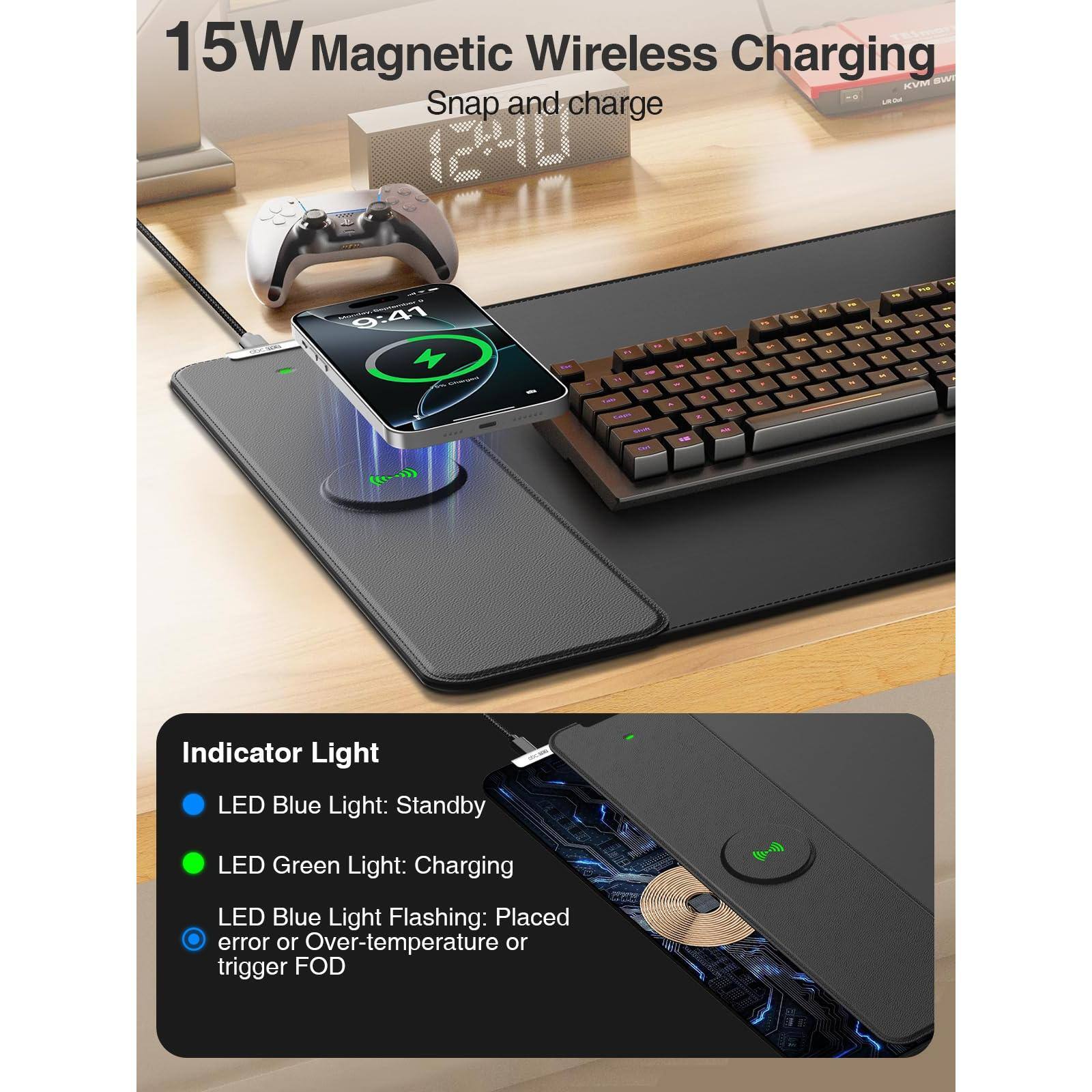 15W Magnetic Wireless Charging  
Snap and charge

Indicator Light  
- LED Blue Light: Standby  
- LED Green Light: Charging  
- LED Blue Light Flashing: Placed error or Over-temperature or trigger FOD
