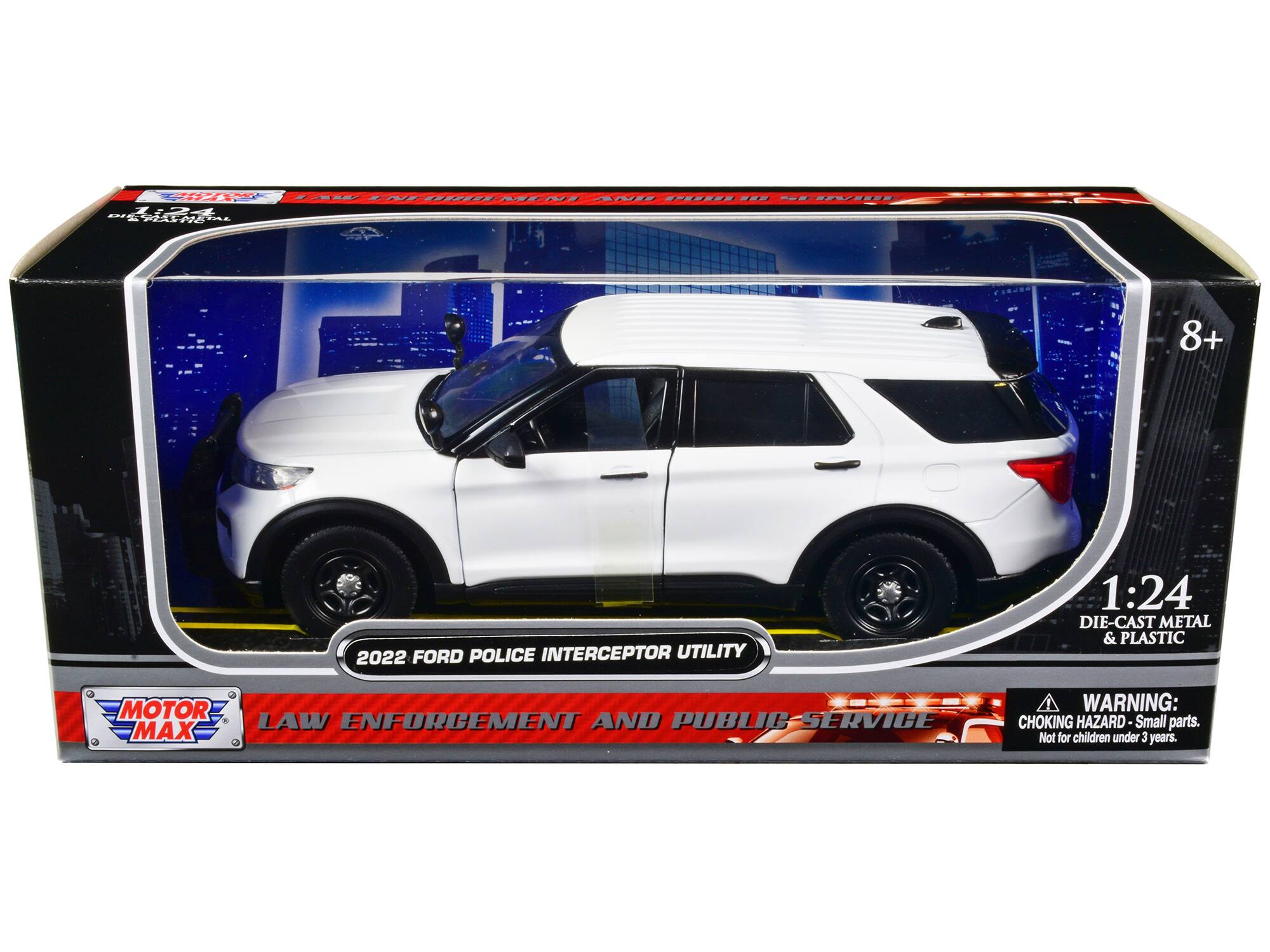 PEEN a 124 - 1:24 DIE-CAST METAL & PLASTIC  
2022 FORD POLICE INTERCEPTOR UTILITY  
WARNING: MOTOR LAW ENFORCEMENT AND PUBLIC SERVICE CHOKING HAZARD - Small parts. Not for children under 3 years.