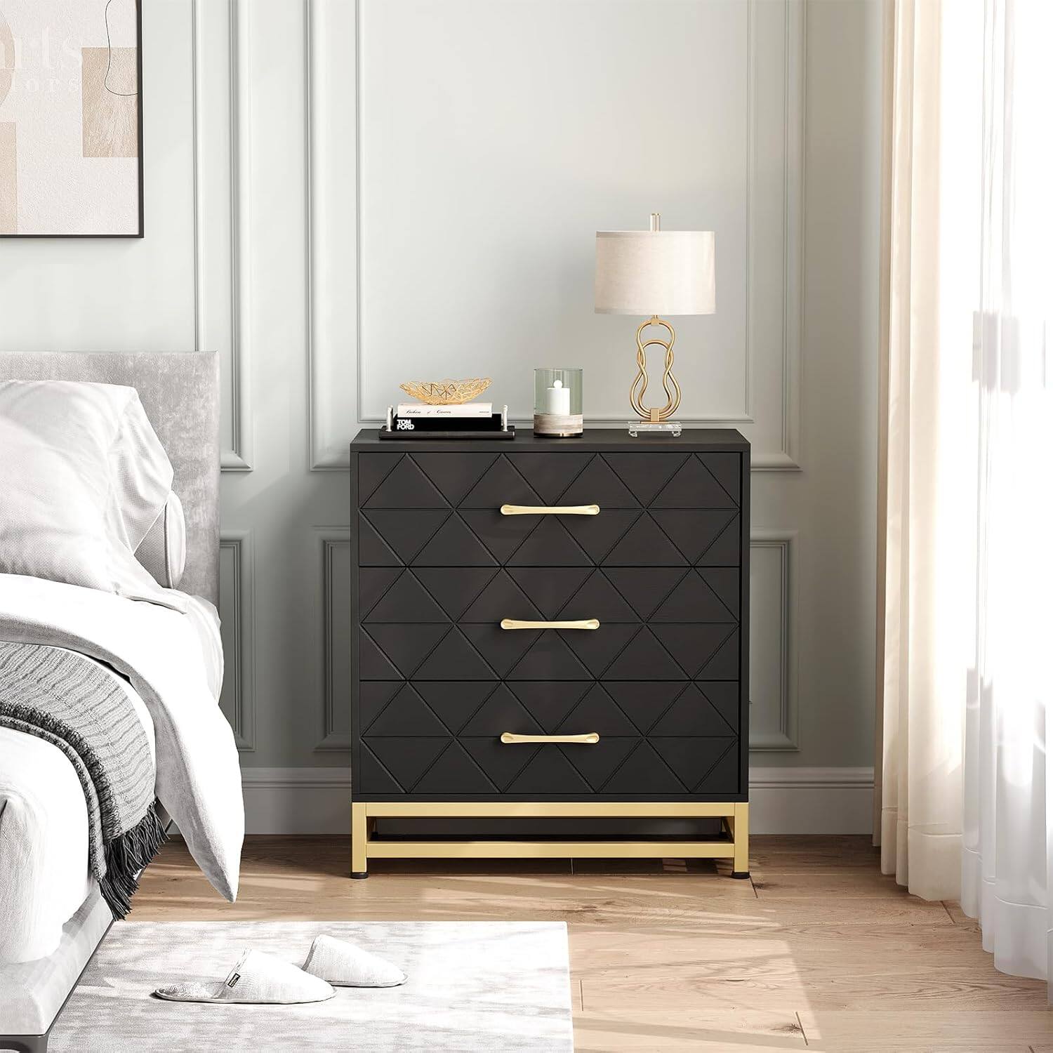 Back. Qeetex - Dresser for Bedroom with 3 Drawer, Modern Dressers Chest of Drawers, with Wide Drawers and Metal Handles, Wood Dressers - Black.
