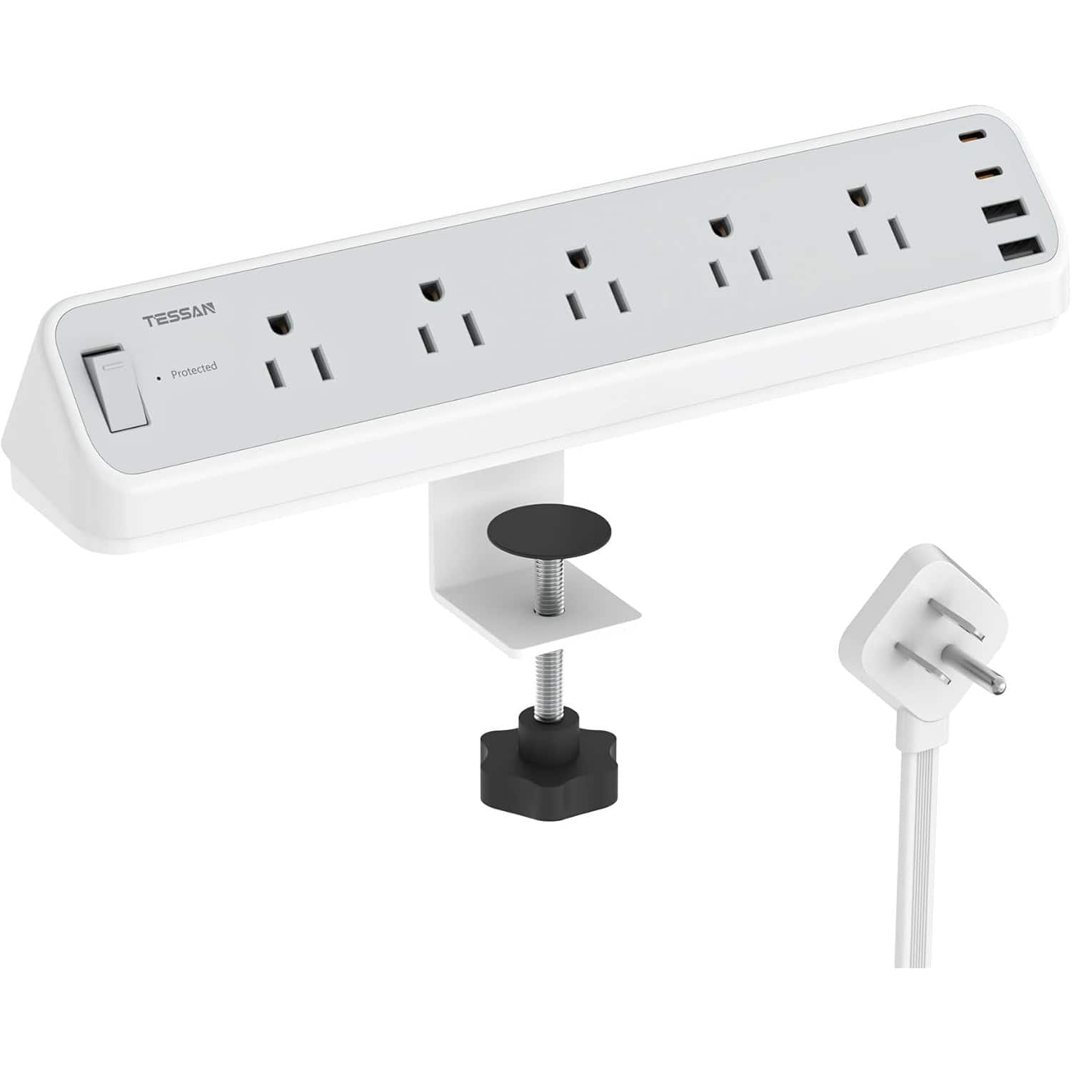 PARKER SLATER - Desk Clamp Power Strip, 10Ft Surge Protector with 5 Outlets & 4 USB Ports (2 USB-C), Flat Plug Extension Cord for Home - Gray