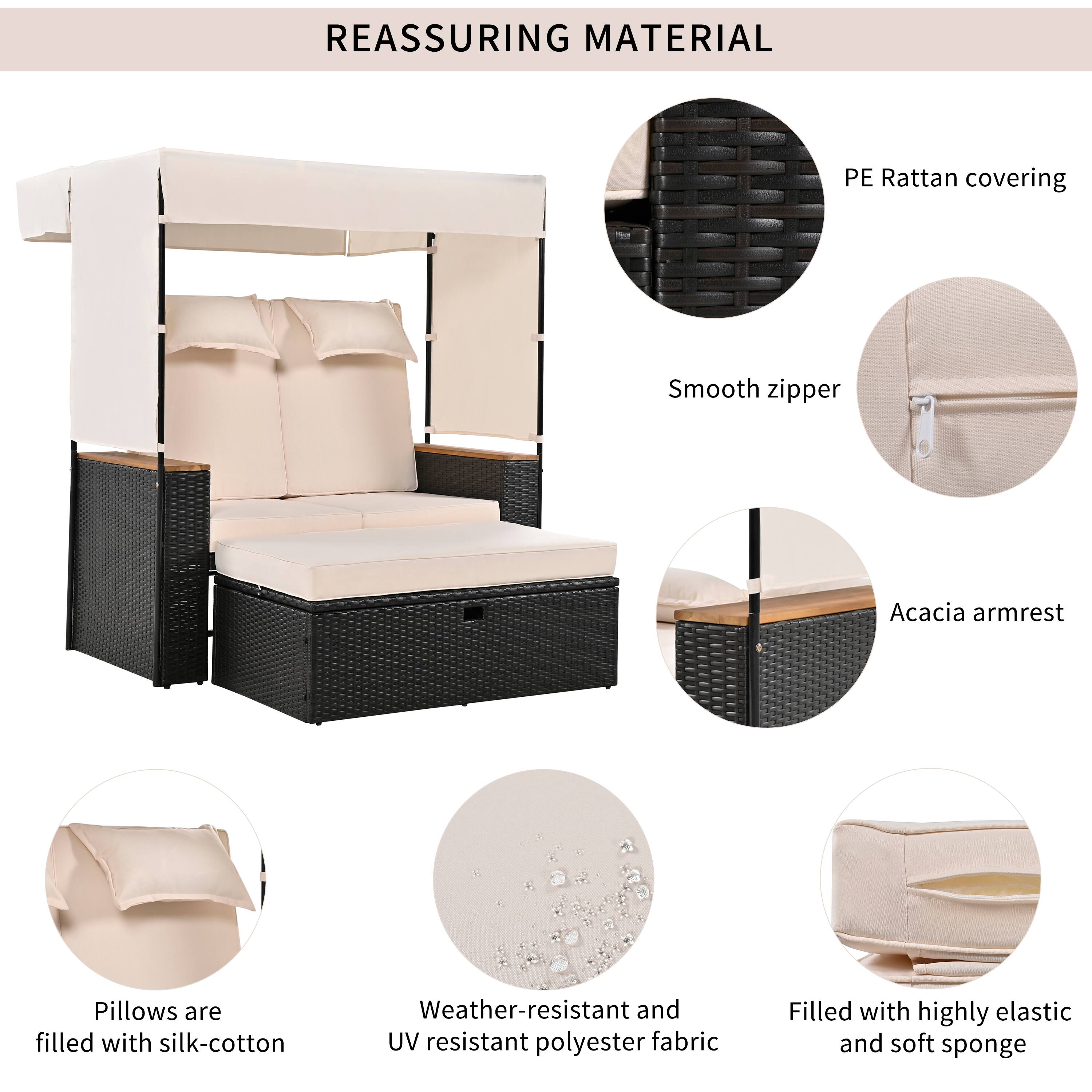 REASSURING MATERIAL

PE Rattan covering
Smooth zipper
Acacia armrest
Pillows are filled with silk-cotton
Weather-resistant and UV resistant polyester fabric
Filled with highly elastic and soft sponge