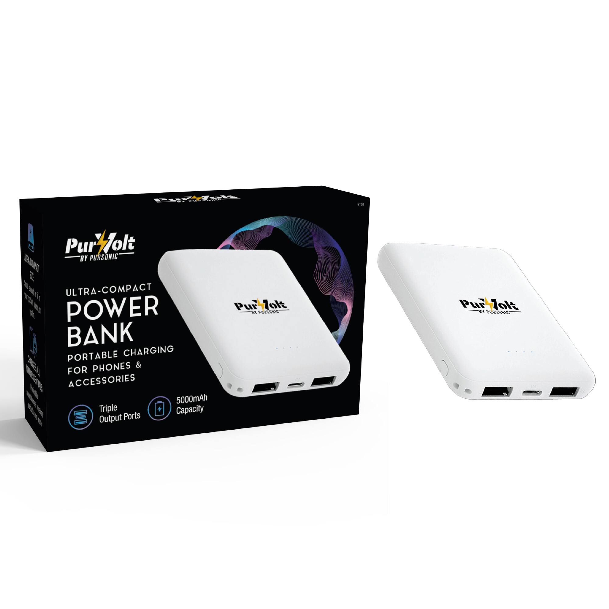 Pursonic - Ultra-Compact Wireless Power Bank – 5000mAh Portable Charger with Wireless Output - White