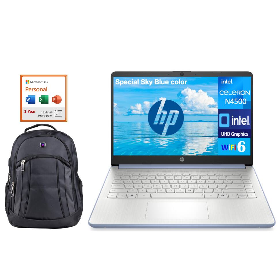 Microsoft 365 Personal  
1 Year 12 Month Subscription  

Special Sky Blue color  
hp  
intel Celeron N4500  
intel UHD Graphics  
WiFi 6