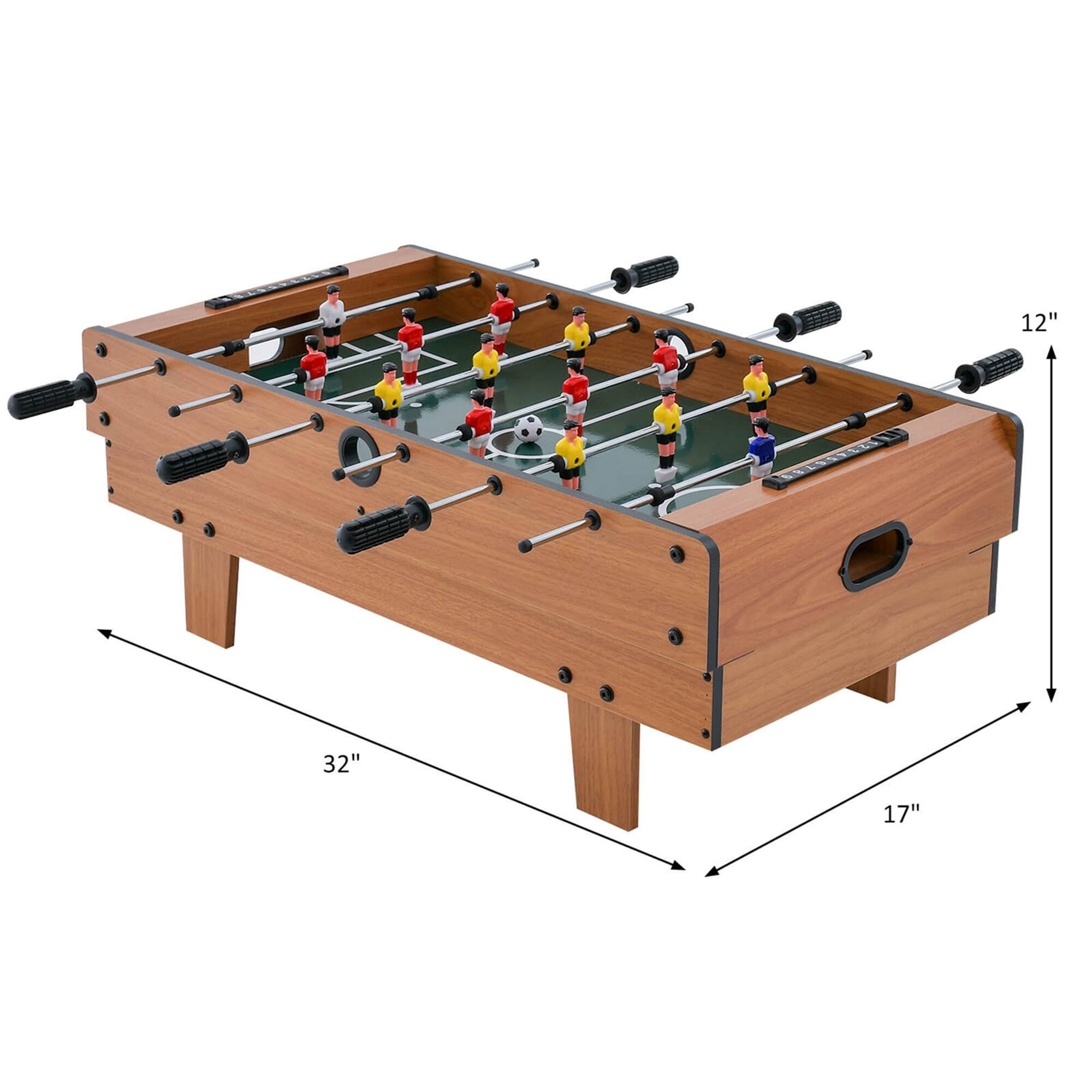 The text on the image reads "12" 32" 17". This indicates the dimensions of the foosball table, with the length being 12 inches, the width being 32 inches, and the height being 17 inches.