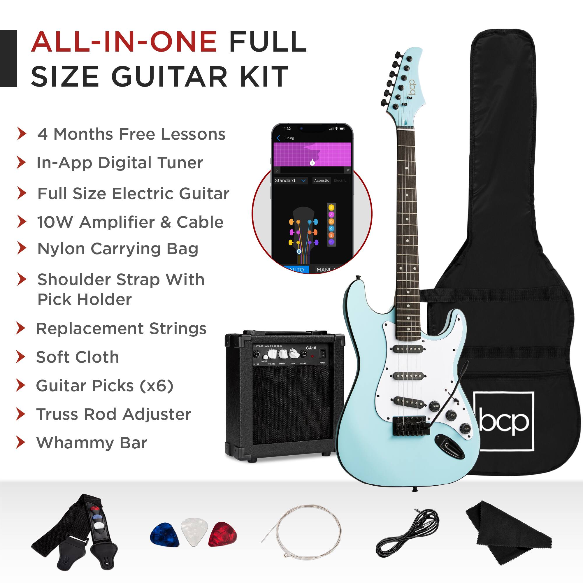 ALL-IN-ONE FULL SIZE GUITAR KIT

- 4 Months Free Lessons
- In-App Digital Tuner
- Full Size Electric Guitar
- 10W Amplifier & Cable
- Nylon Carrying Bag
- Shoulder Strap With Pick Holder
- Replacement Strings
- Soft Cloth
- Guitar Picks (x6)
- Truss Rod Adjuster
- Whammy Bar