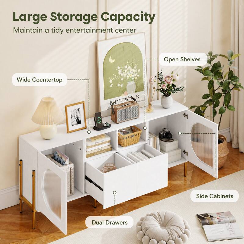 Large Storage Capacity  
Maintain a tidy entertainment center

- Wide Countertop
- Open Shelves
- Dual Drawers
- Side Cabinets