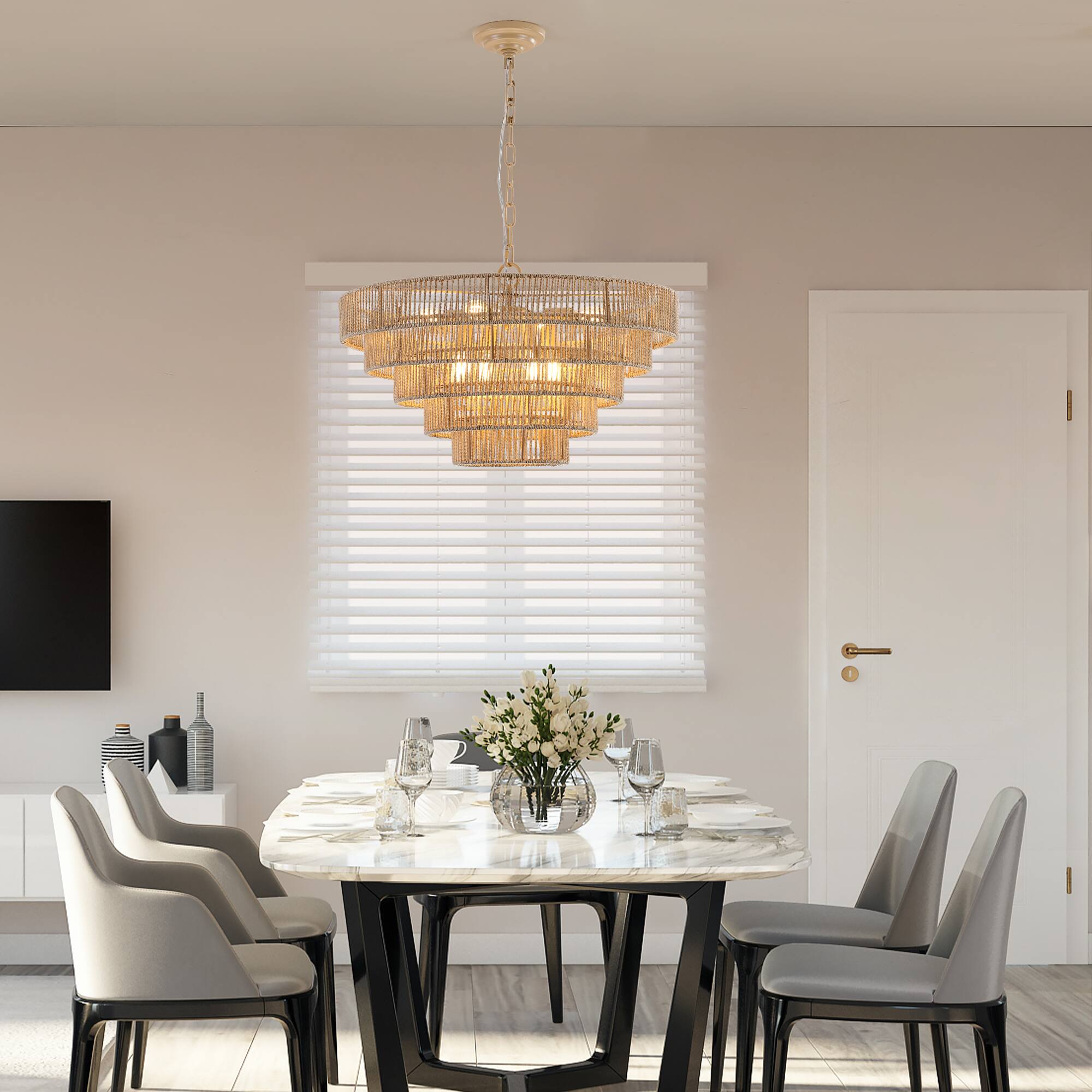 Angle. Tiramisubest - 24" Modern 5-Layer Woven Hemp Rope Chandelier, Boho Style Pendant Light, Elegant Hanging Light Fixture (No Bulbs) - Wood.