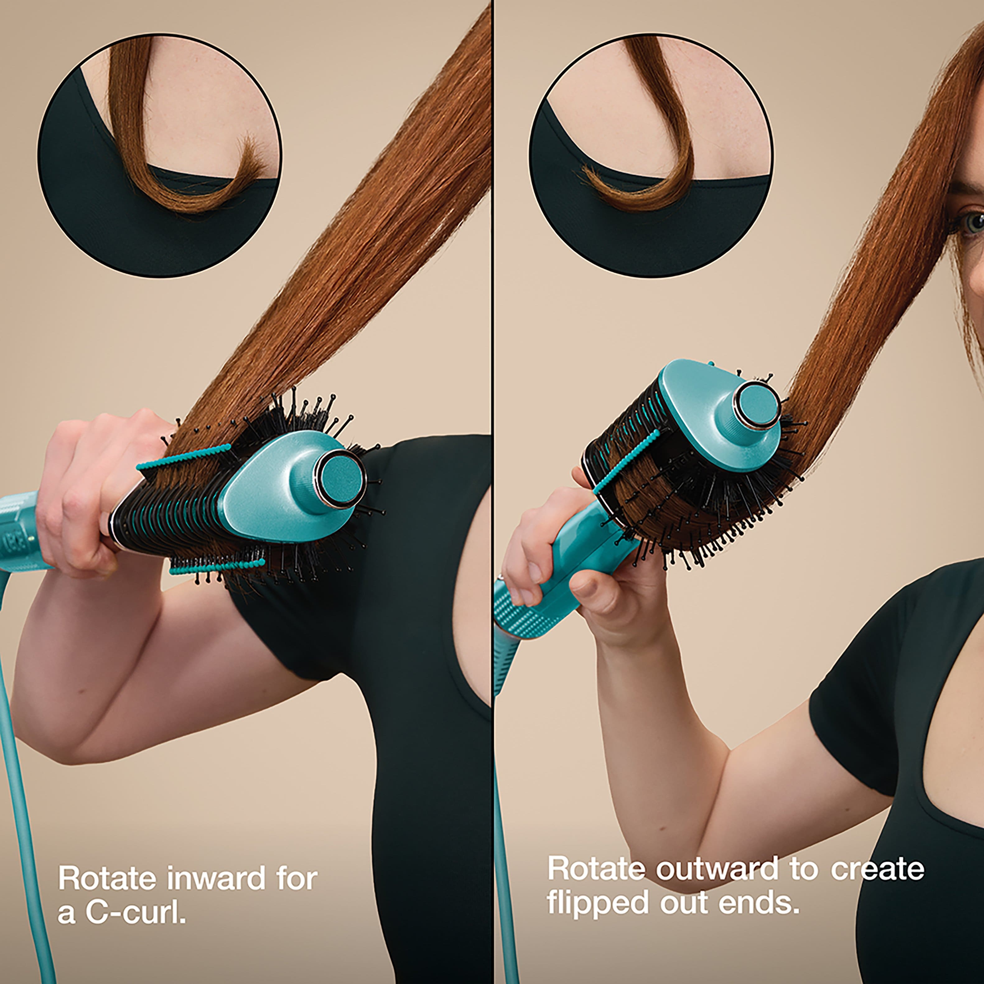 Rotate inward for a C-curl.
Rotate outward to create flipped out ends.