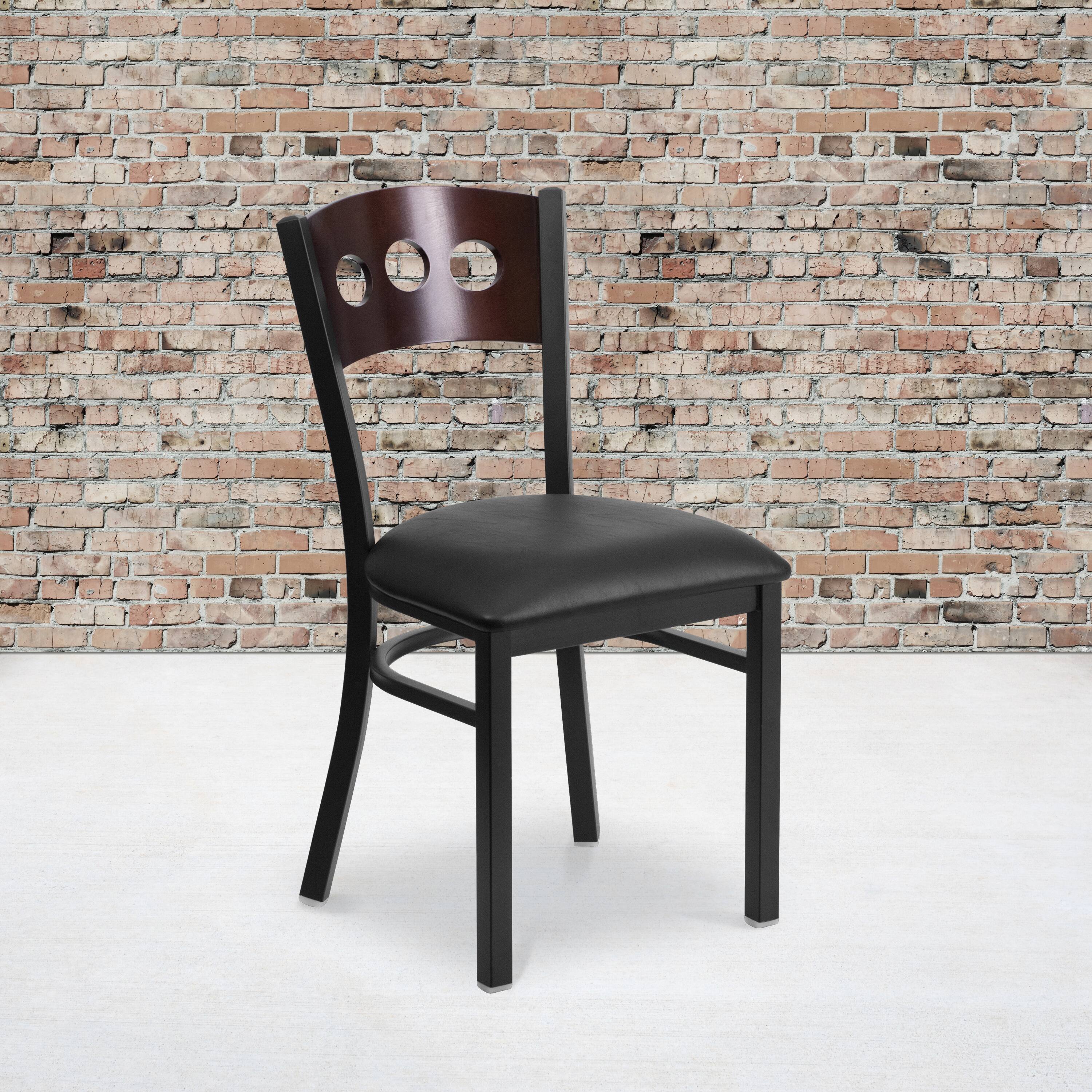 Alt View 1. Emma + Oliver - Decorative 3 Circle Back Metal Restaurant Dining Chair - Walnut Wood Back/Black Vinyl Seat/Black Metal.
