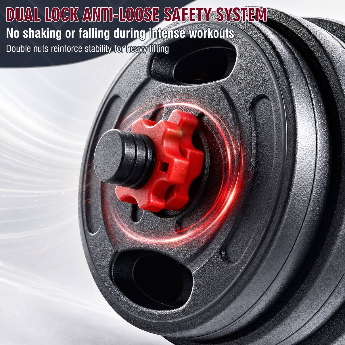 DUAL LOCK ANTI-LOOSE SAFETY SYSTEM  
No shaking or falling during intense workouts  
Double nuts reinforce stability for heavy lifting