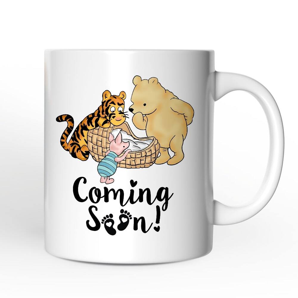 OrnamentallyYou - Pregnancy Announcement With Pooh & Tiger Mug, Coming Soon Gift for Expecting Moms - White