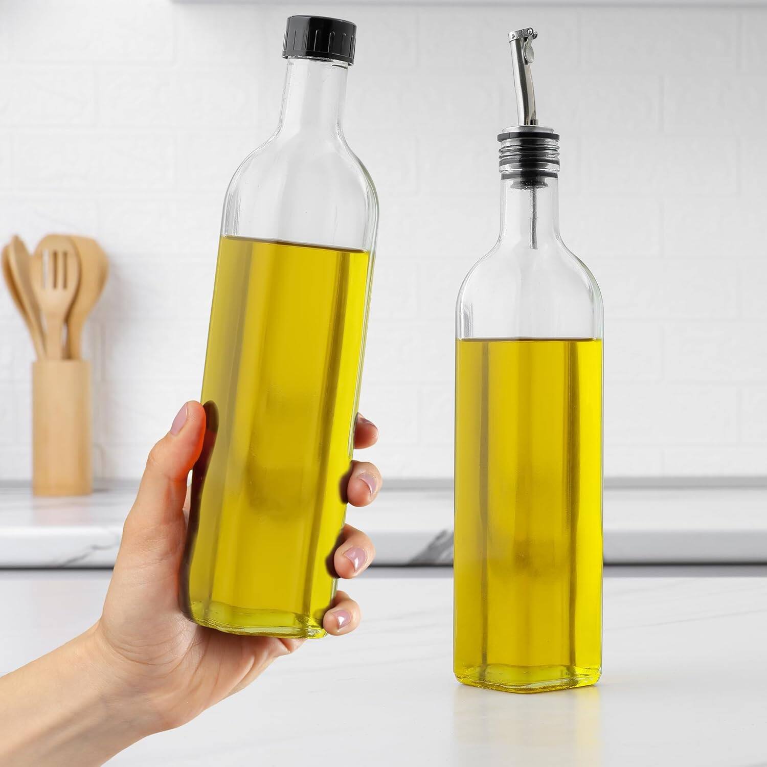 Angle. Zulay Kitchen - Zulay Kitchen 1 Pack Glass Oil Container with Spout, Pourers and Funnel - Clear.