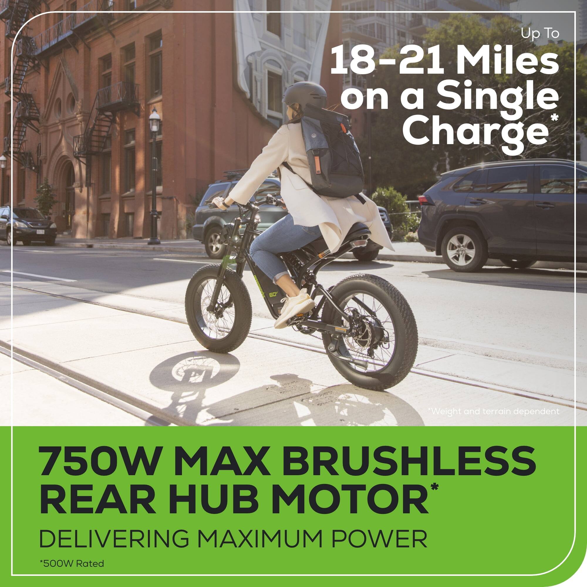 Back. Greenworks - Greenworks 60V Electric Dirty Bike for Adults, 20" Fat Tire with 750W Motor Max 20MPH, Green - Green.