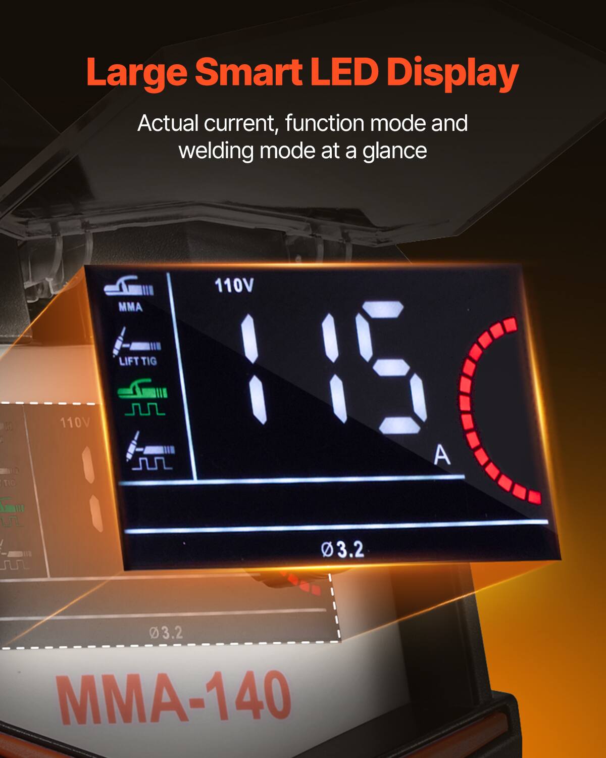 Large Smart LED Display  
Actual current, function mode and welding mode at a glance  

110V MMA  
LIFT TIG 110V  
115 A  
3.2  
3.2  
MMA-140