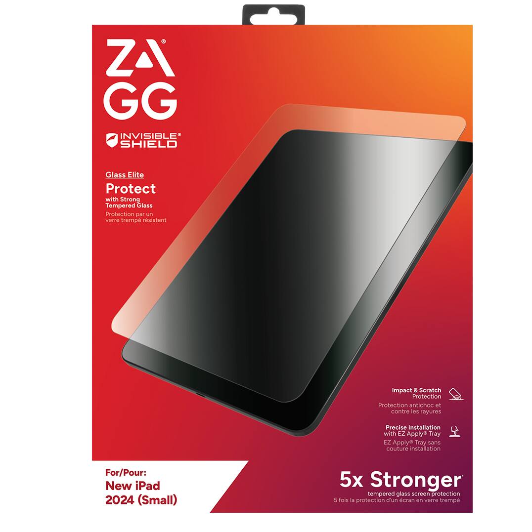 The image features a product called ZAGG GG Invisible Shield, which is a glass elite protector designed to protect the screen of a new iPad 2024 (Small). The product is made of strong tempered glass that offers impact and scratch protection. The installation process is easy with the included EZ Apply Tray, ensuring a precise and hassle-free setup. The product is advertised as being 5x stronger than regular glass screen protectors.