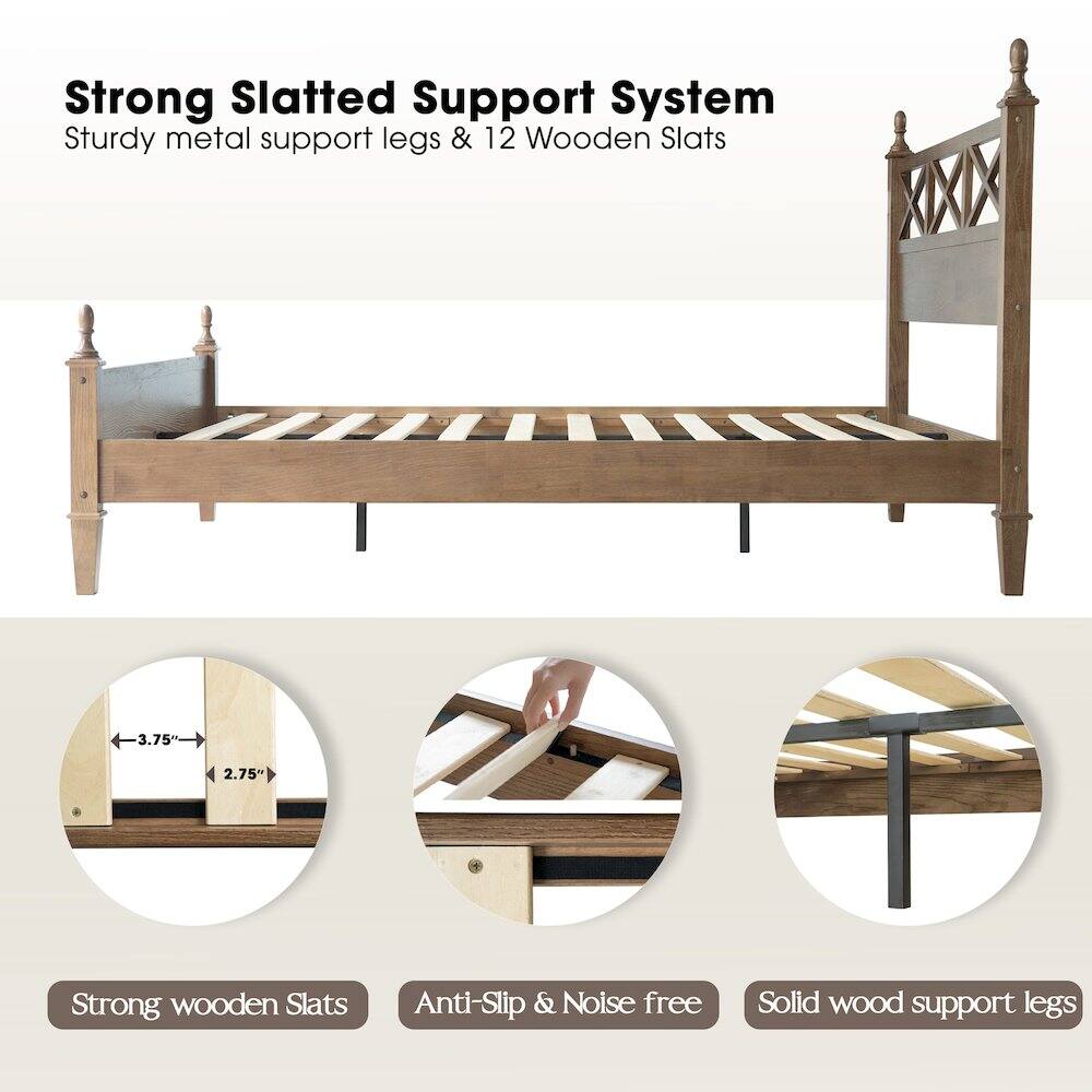 Strong Slatted Support System  
Sturdy metal support legs & 12 Wooden Slats  

Strong wooden Slats  
Anti-Slip & Noise free  
Solid wood support legs