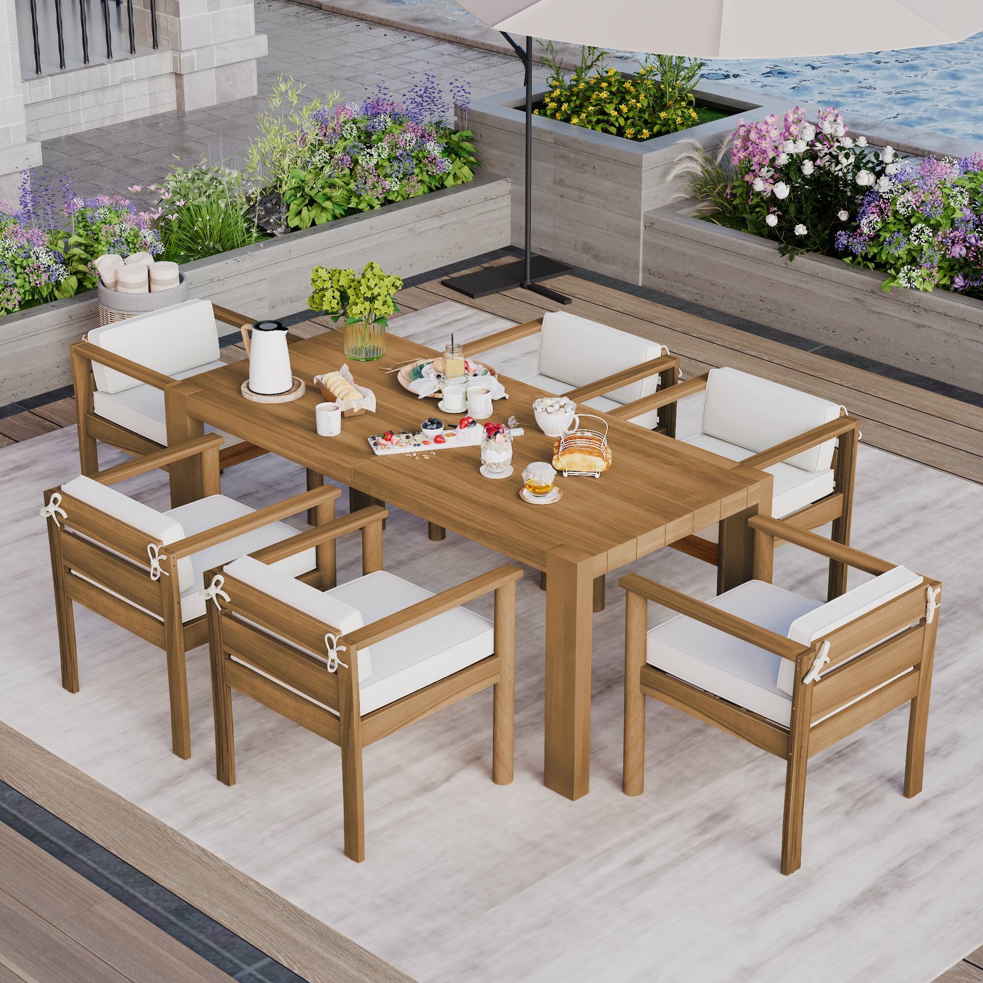 Alt View 2. Loheer - 7-Piece Acacia Wood Patio Dining Set, All-Weather Furniture for 6 with Umbrella Hole & Washable Cushions - Light Teak.