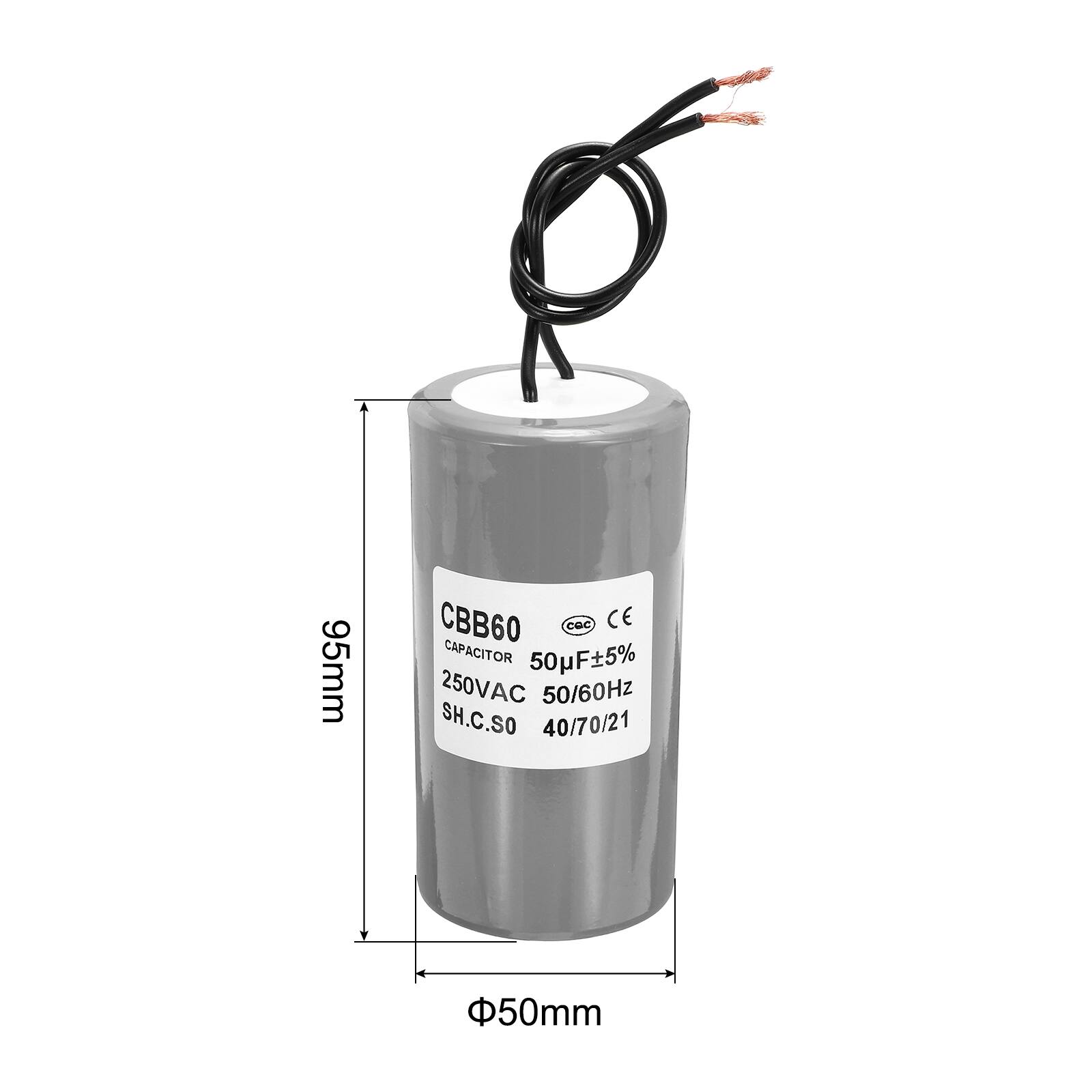 95mm CBB60 CE CAPACITOR 50µF±5% 250VAC 50/60Hz SH.C.SO 40/70/21 50mm