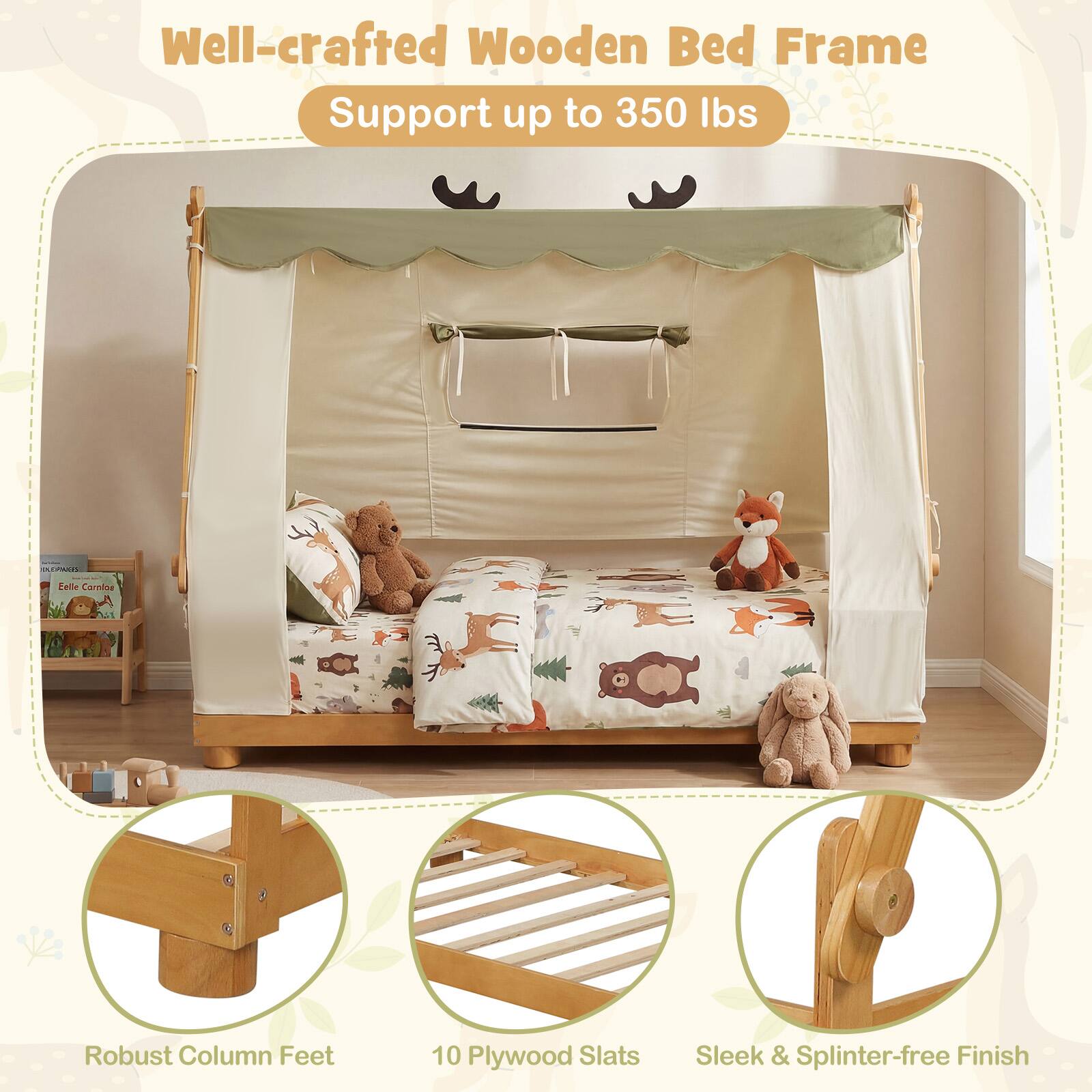 Well-crafted Wooden Bed Frame  
Support up to 350 lbs  

- Robust Column Feet  
- 10 Plywood Slats  
- Sleek & Splinter-free Finish