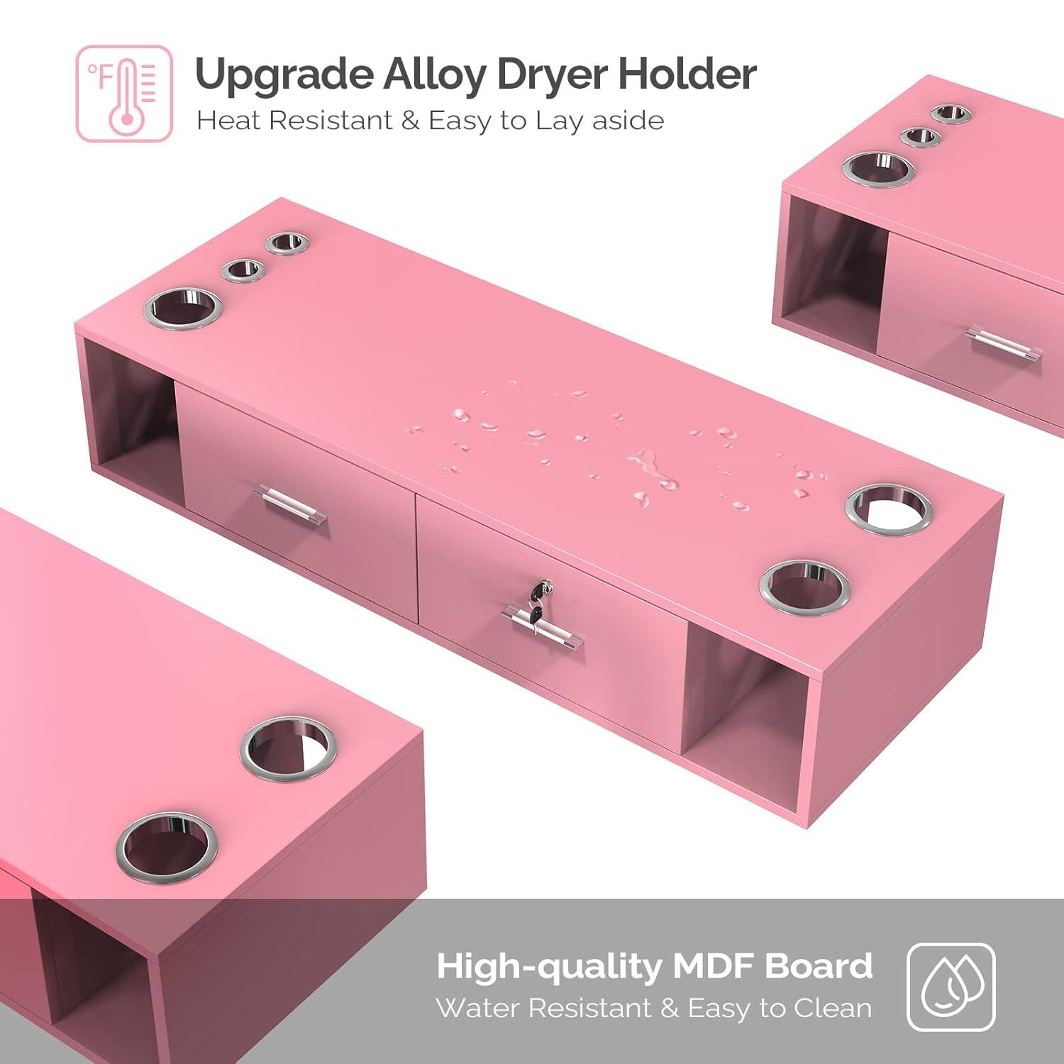 Upgrade Alloy Dryer Holder  
Heat Resistant & Easy to Lay aside  

High-quality MDF Board  
Water Resistant & Easy to Clean