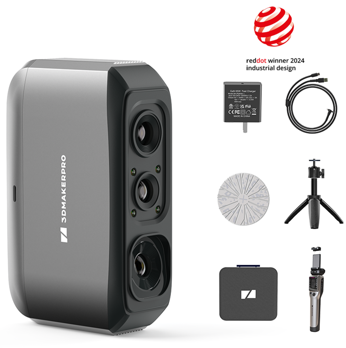 The image features a 3D MakerPro camera with a lens and a flash. The camera is accompanied by a tripod and a remote control. The camera is designed for industrial use and has won the Red Dot award for industrial design in 2024. The image also shows a close-up of the camera, highlighting its features.