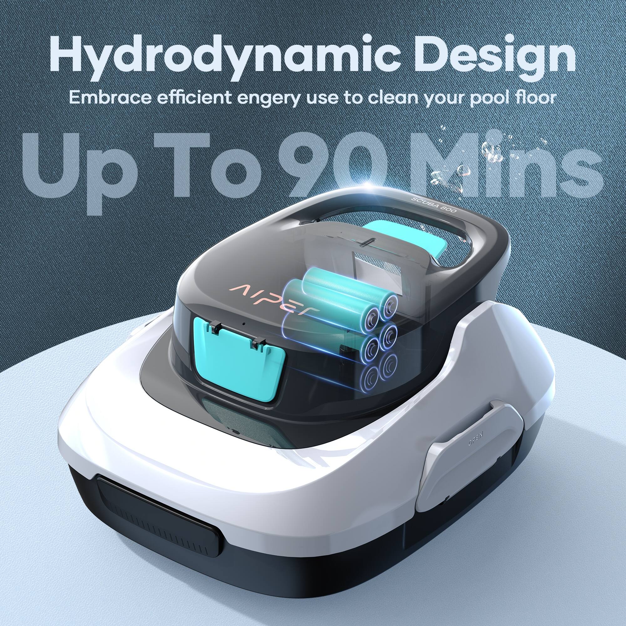 Hydrodynamic Design: Embrace efficient energy use to clean your pool floor. Up to 90 minutes.
