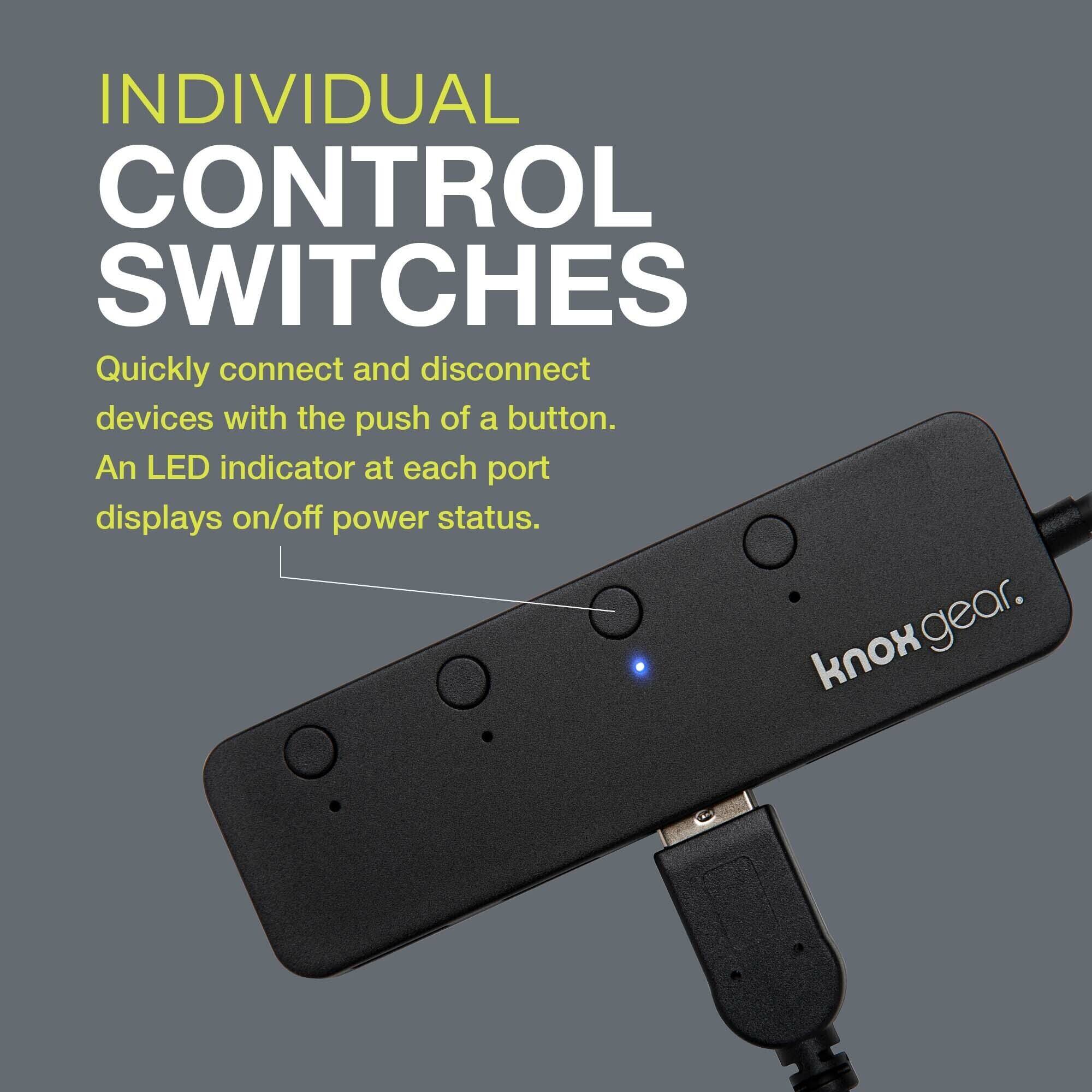 INDIVIDUAL CONTROL SWITCHES
Quickly connect and disconnect devices with the push of a button.
An LED indicator at each port displays on/off power status.
knoxgear.