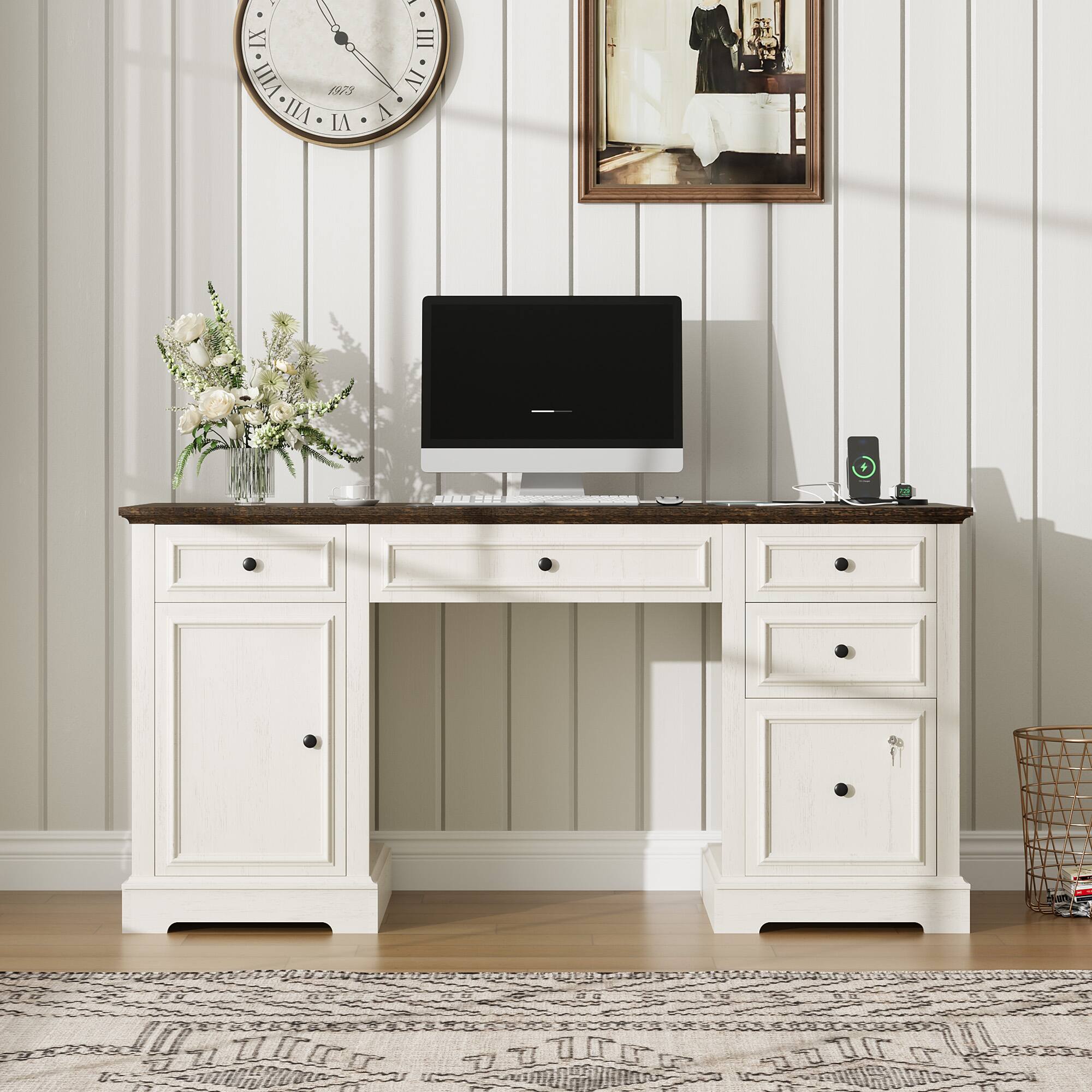 Dyonery - 59" Desk with Storage Cabinet & Power Outlet,Wood Computer Desk with Lockable File Drawer,for Work Study Writing - White