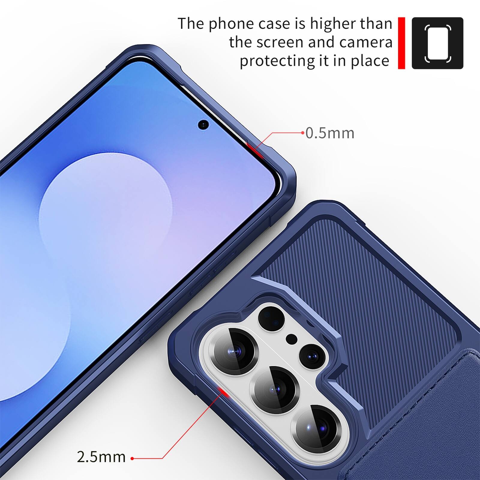 The phone case is higher than the screen and camera protecting it in place.  
0.5mm  
2.5mm