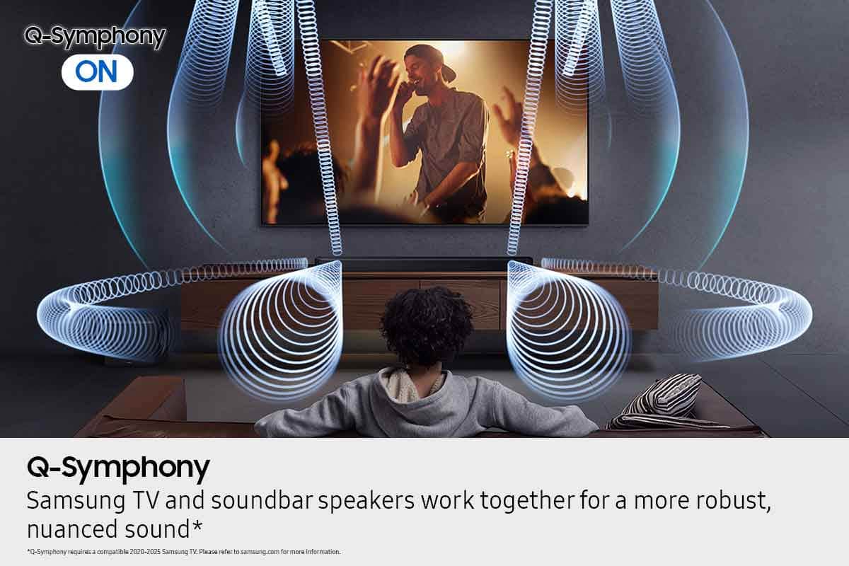 Q-Symphony is an advertisement for Samsung TV and soundbar speakers that work together for a more robust and nuanced sound. The advertisement emphasizes that this feature requires a compatible Samsung TV from the 2020-2025 model years. For more information, please visit samsung.com.