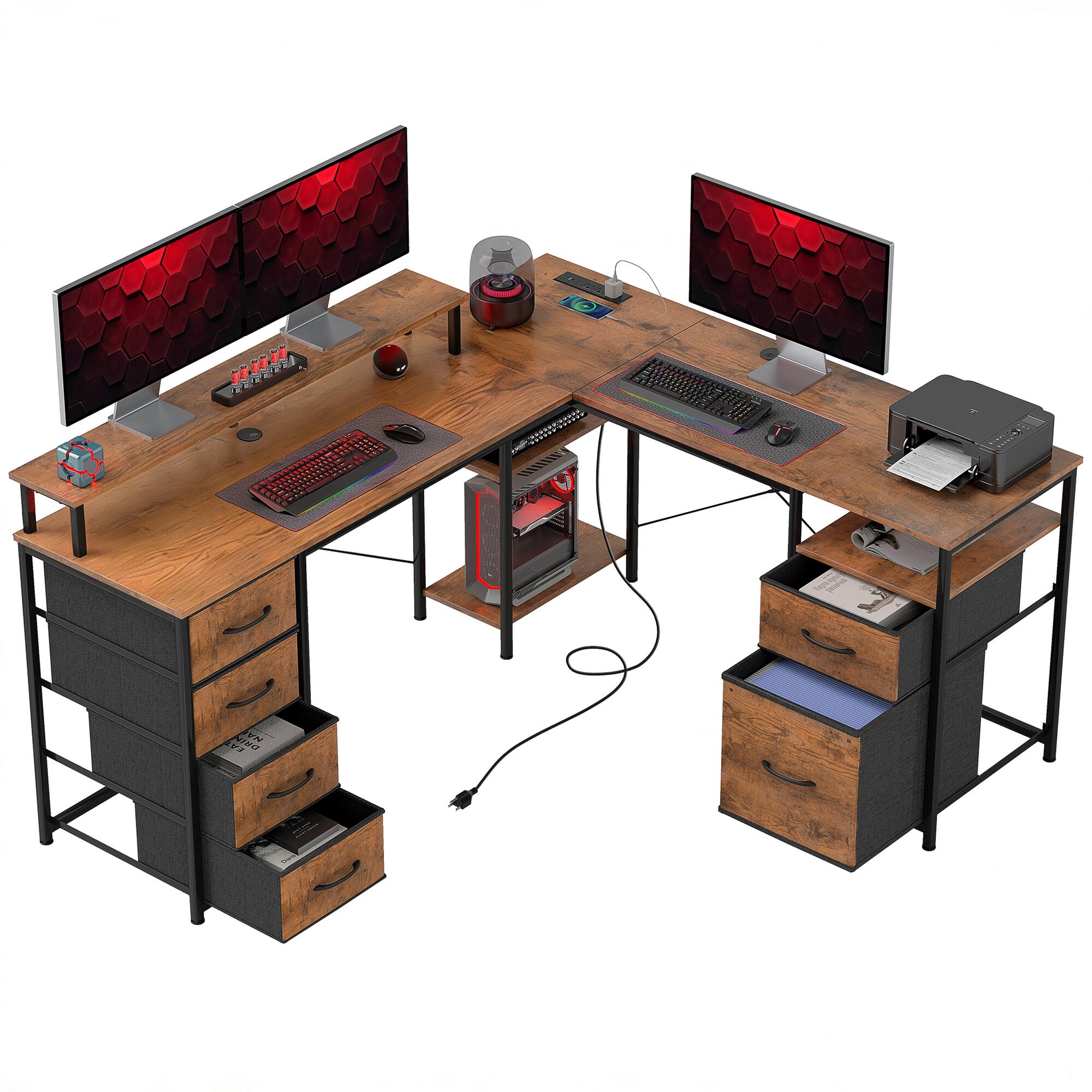 Homcom - Reversible L Shaped Computer Desk, Corner Desk with File Drawer, Power Outlets and LED Lights - Rustic Brown