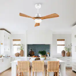 LUCKY ONE - 42" Ceiling Fan with Light Remote 3 Solid Wood Blades DC Motor - Oak Natural Wood + Antique White